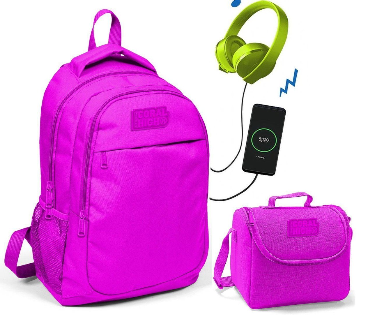 Coral High Koyu Pembe Okul ve Beslenme Çantası - Kız Çocuk  - USB Soketli