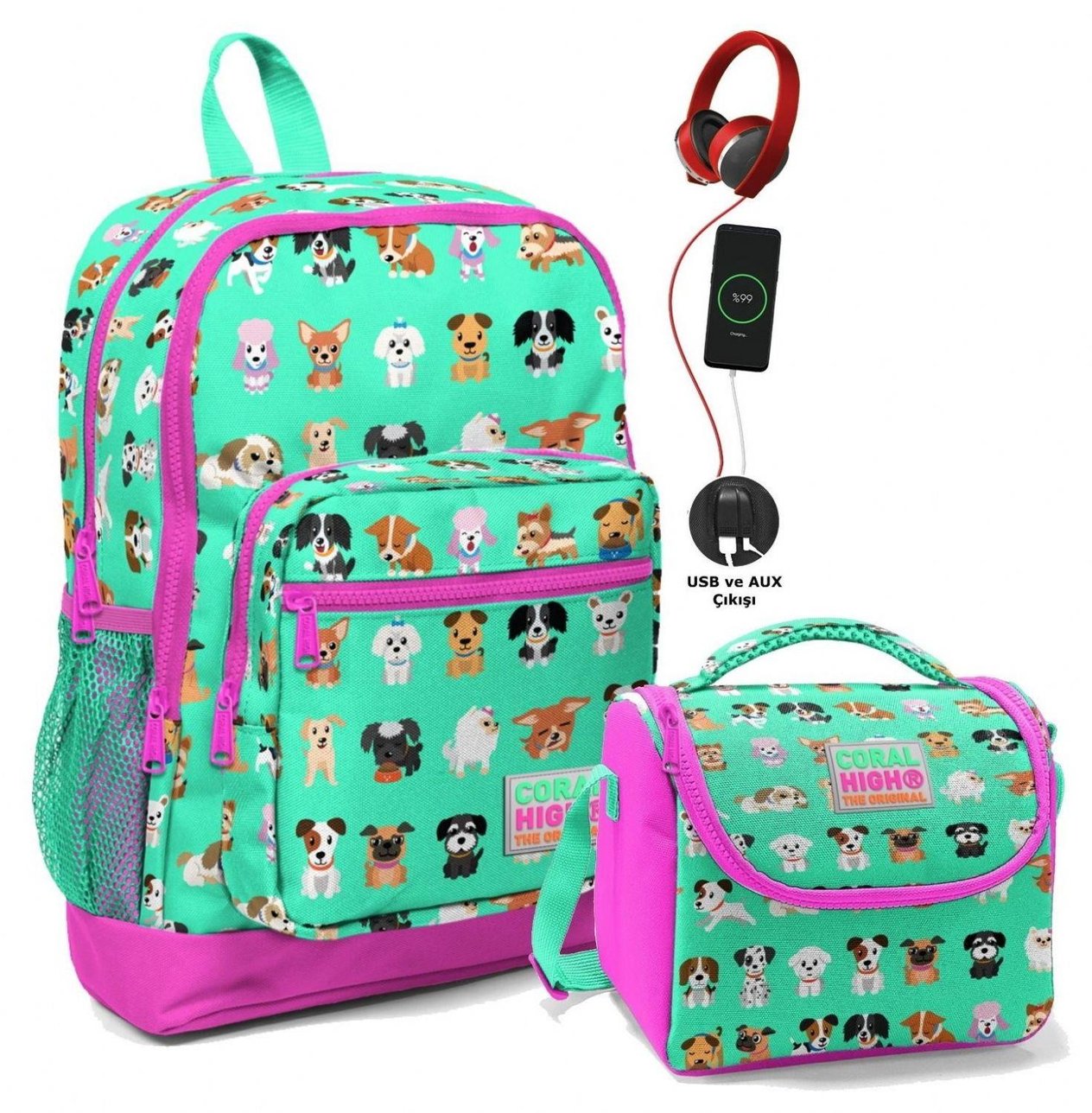 Coral High Okul Çantası ve Beslenme Çantası Seti - Yeşil Pembe Köpek - USB Soketli - Kız Çocuk