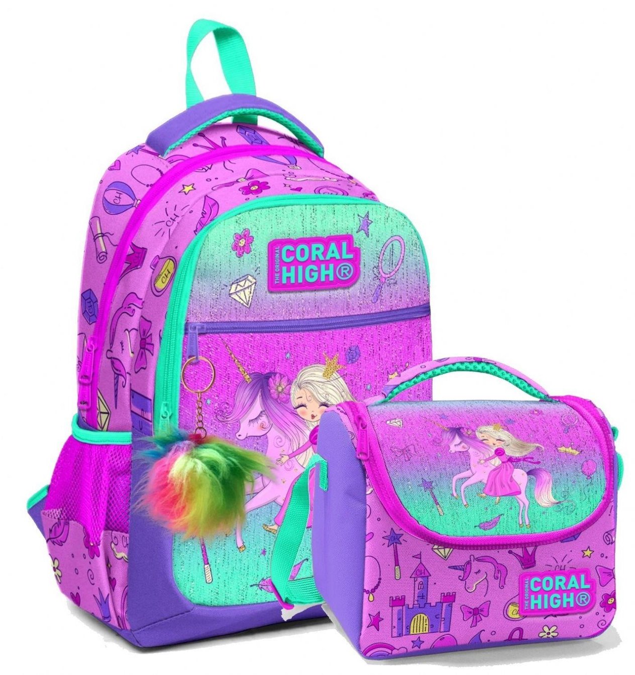 Coral High Okul Sırt ve Beslenme Çantası Seti - Pembe Yeşil Unicorn ve Prenses - Kız Çocuk