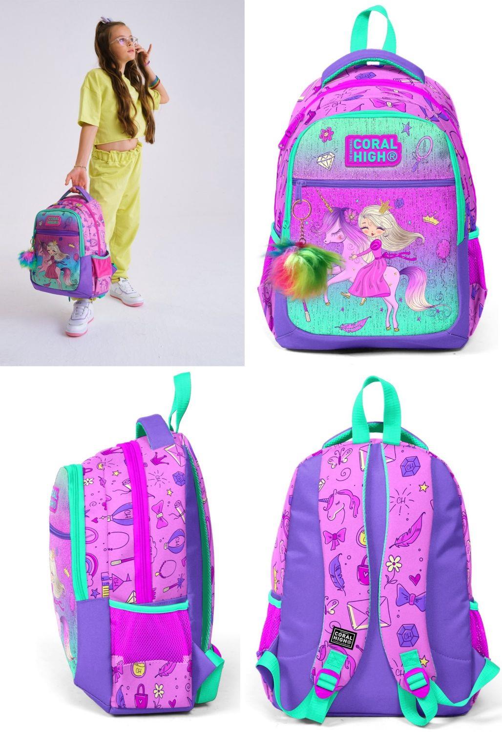 Coral High Okul Sırt ve Beslenme Çantası Seti - Pembe Yeşil Unicorn ve Prenses - Kız Çocuk