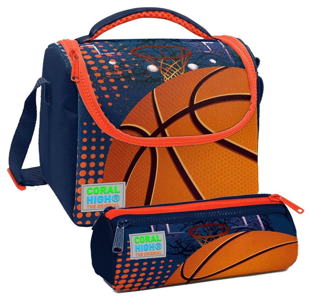 Coral High Turuncu Lacivert Basketbol Desenli Erkek Çocuk Isı Yalıtımlı Beslenme Çantası ve Kalemlik Seti