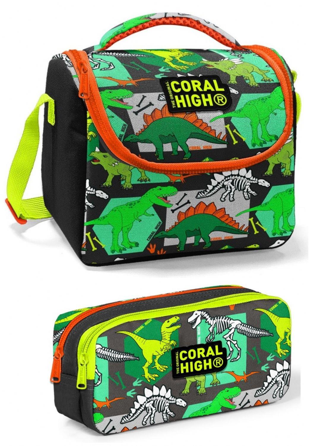 Coral High Üç Gözlü İlkokul Sırt Çantası Seti Siyah Yeşil Dinazor - Erkek Çocuk