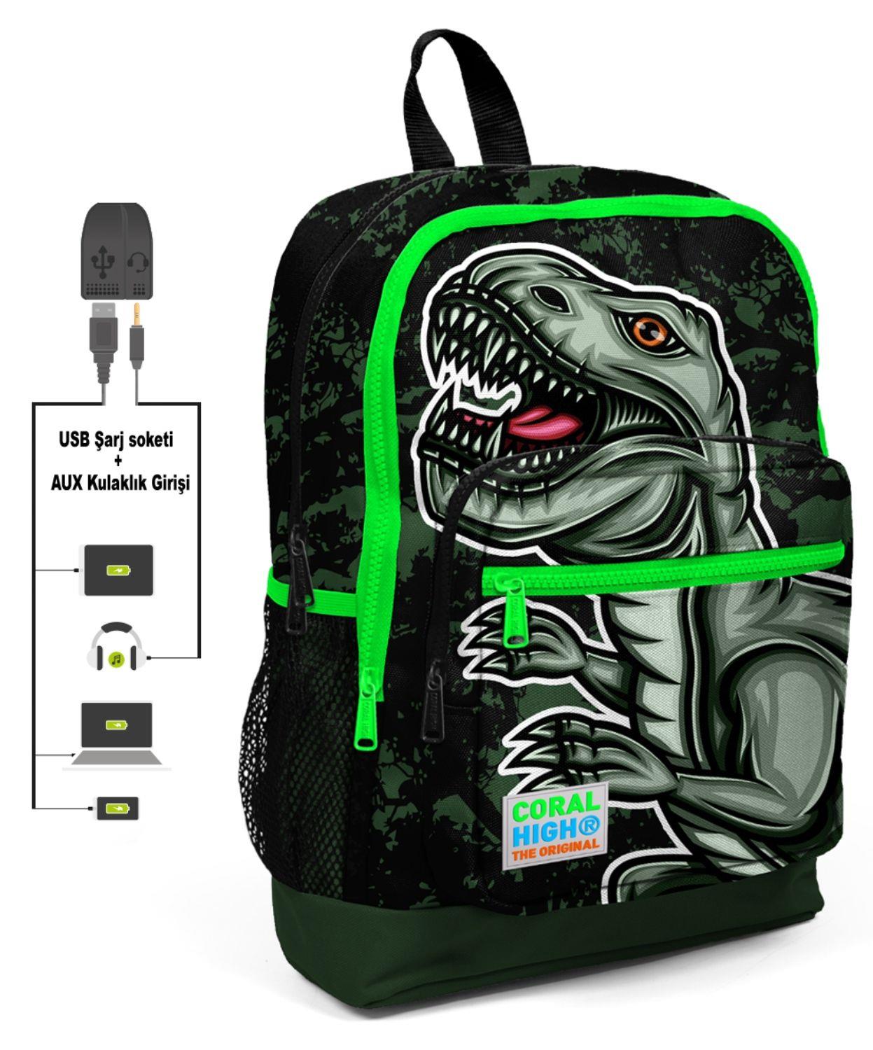 Coral High Yeşil Dinazor Desenli İlkokul ve Günlük Sırt Çantası - USB ve AUX Soketli