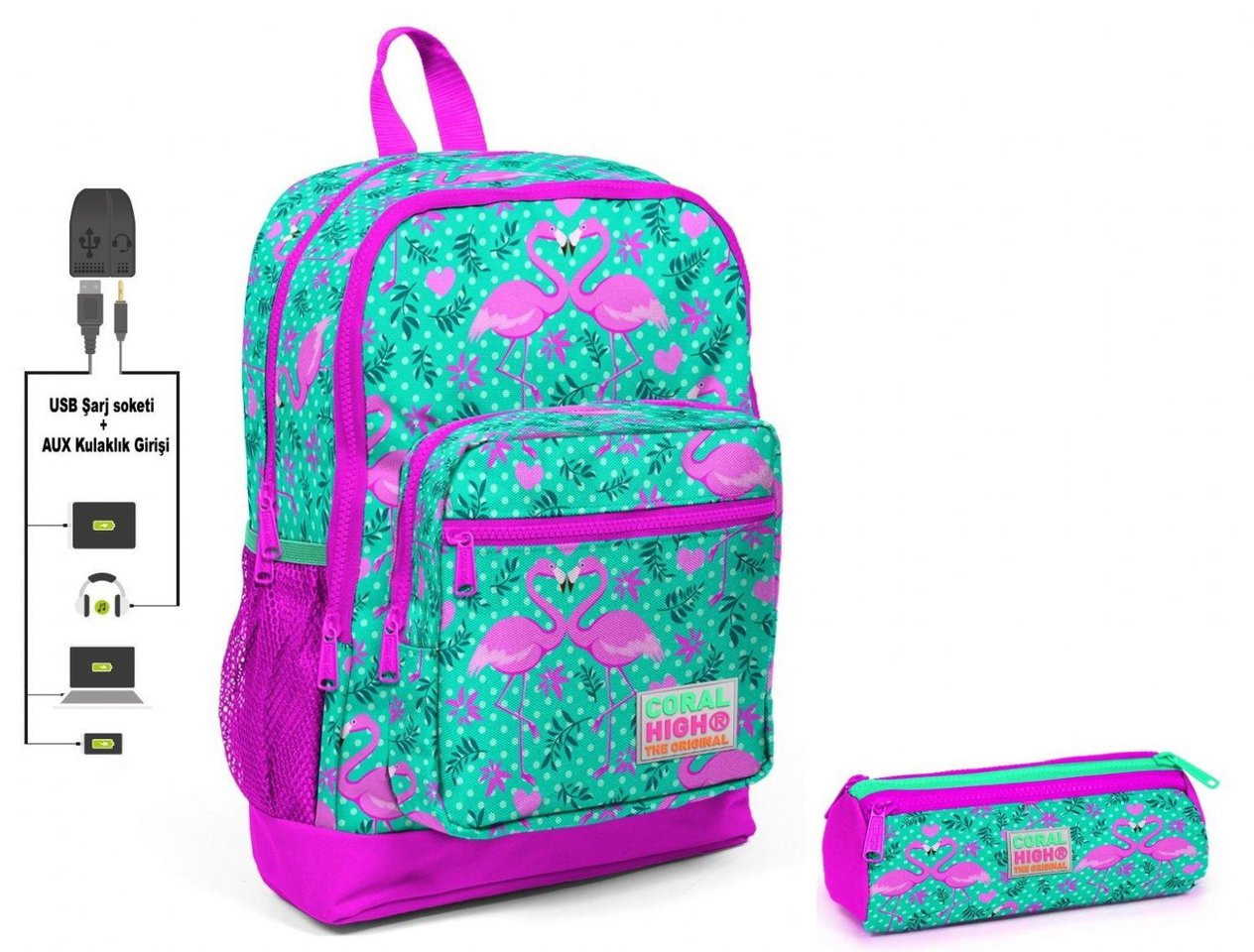 Coral High Yeşil Flamingo Baskılı İlkokul Sırt Çantası ve Kalemlik Seti - USB Soketli