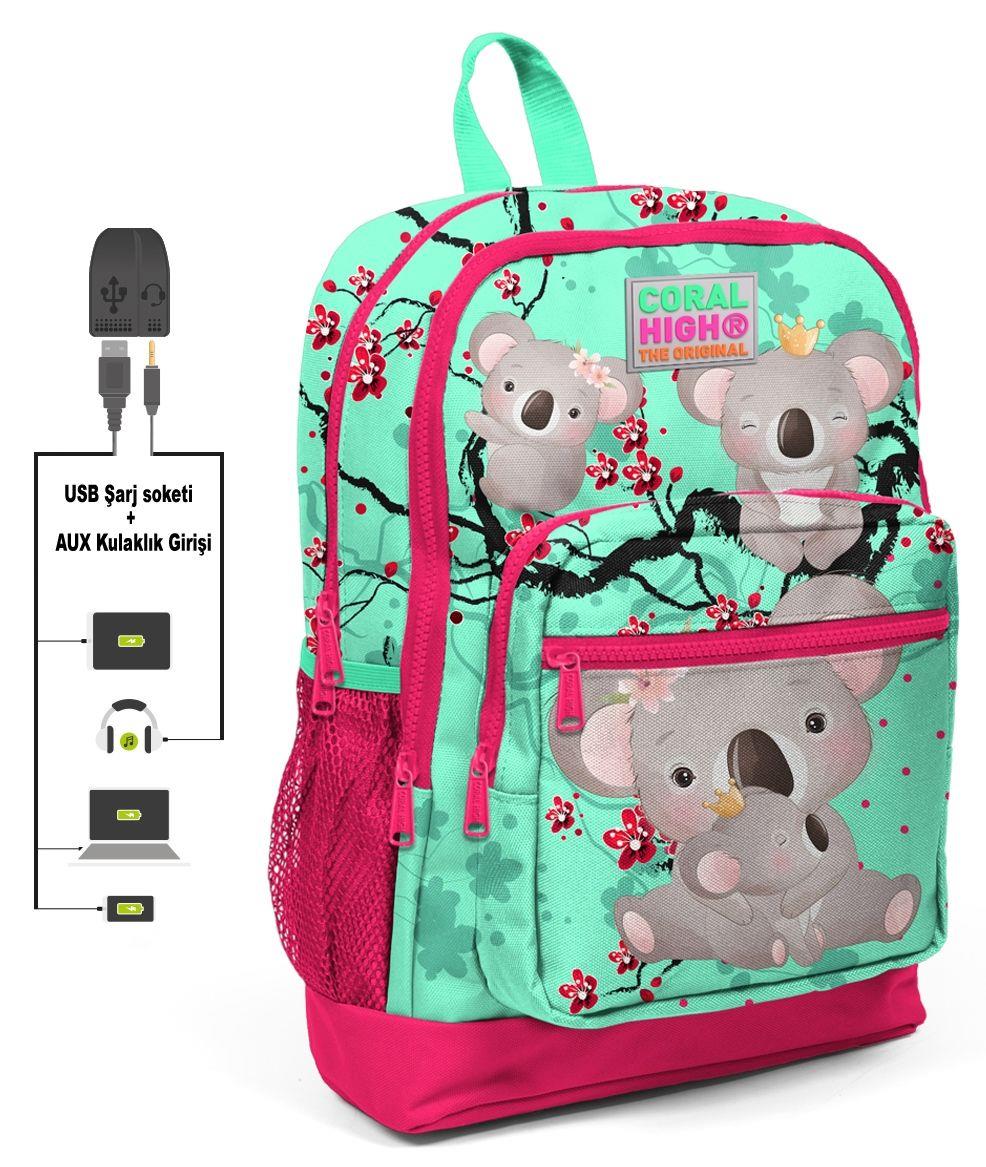 Coral High Yeşil Koala Baskılı İlkokul Sırt Çantası ve Kalemlik Seti - USB Soketli - Kız Çocuk