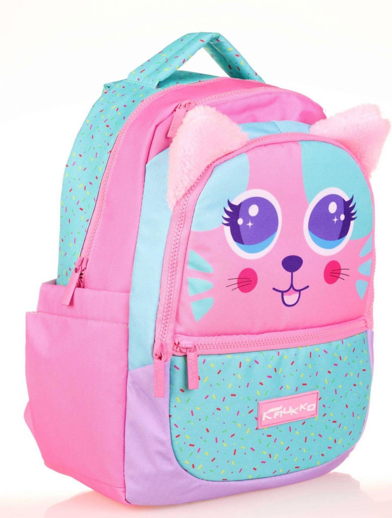 Kaukko Kids Yeşil Pembe Sevimli Kedi Kız Çocuk Okul Sırt Çantası