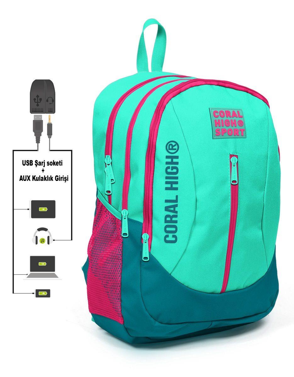 Yeşil-Pembe Okul ve Günlük Sırt Çantası - USB ve AUX Çıkışlı