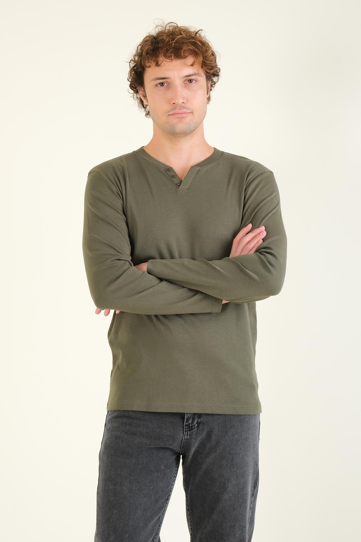Erkek Sıfır Yaka Düğmeli Uzun Kol Sweatshirt Haki