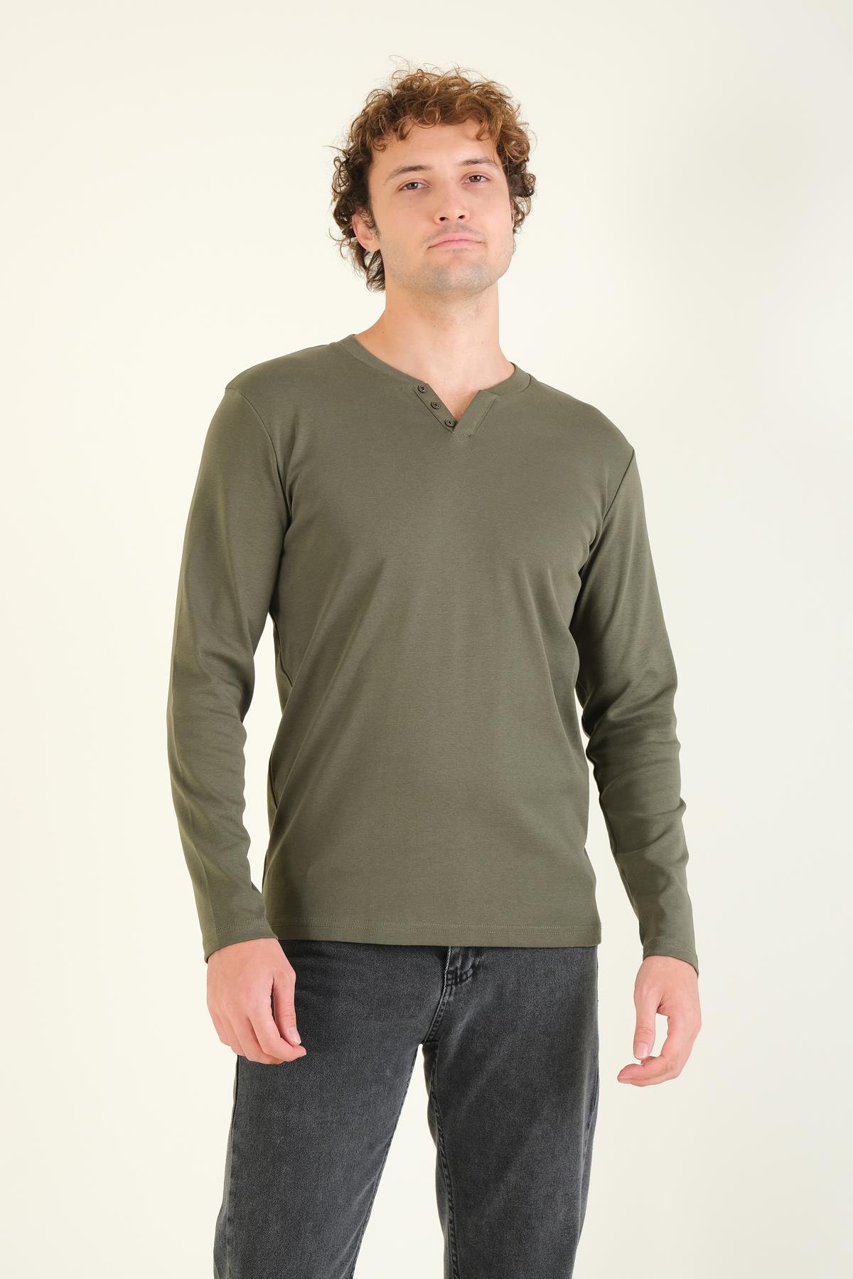Erkek Sıfır Yaka Düğmeli Uzun Kol Sweatshirt Haki