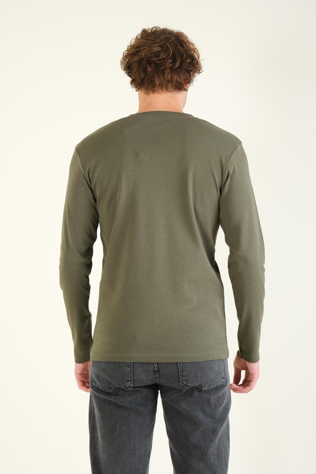Erkek Sıfır Yaka Düğmeli Uzun Kol Sweatshirt Haki