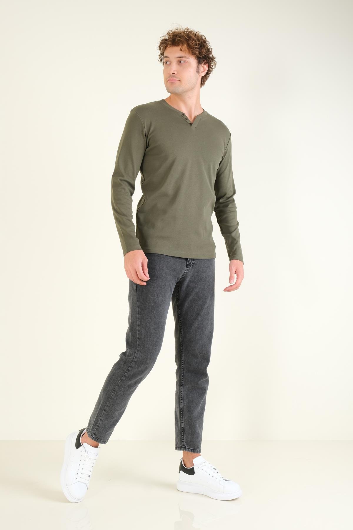 Erkek Sıfır Yaka Düğmeli Uzun Kol Sweatshirt Haki