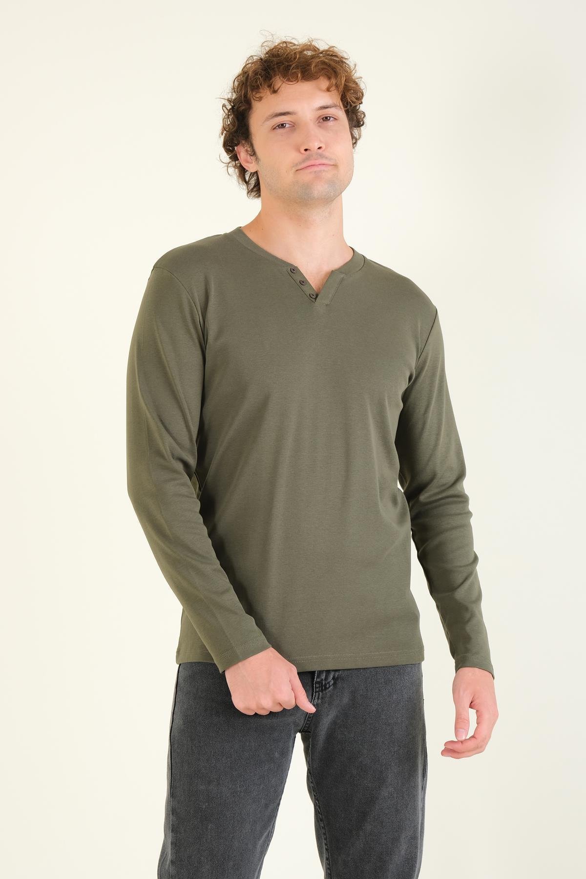 Erkek Sıfır Yaka Düğmeli Uzun Kol Sweatshirt Haki