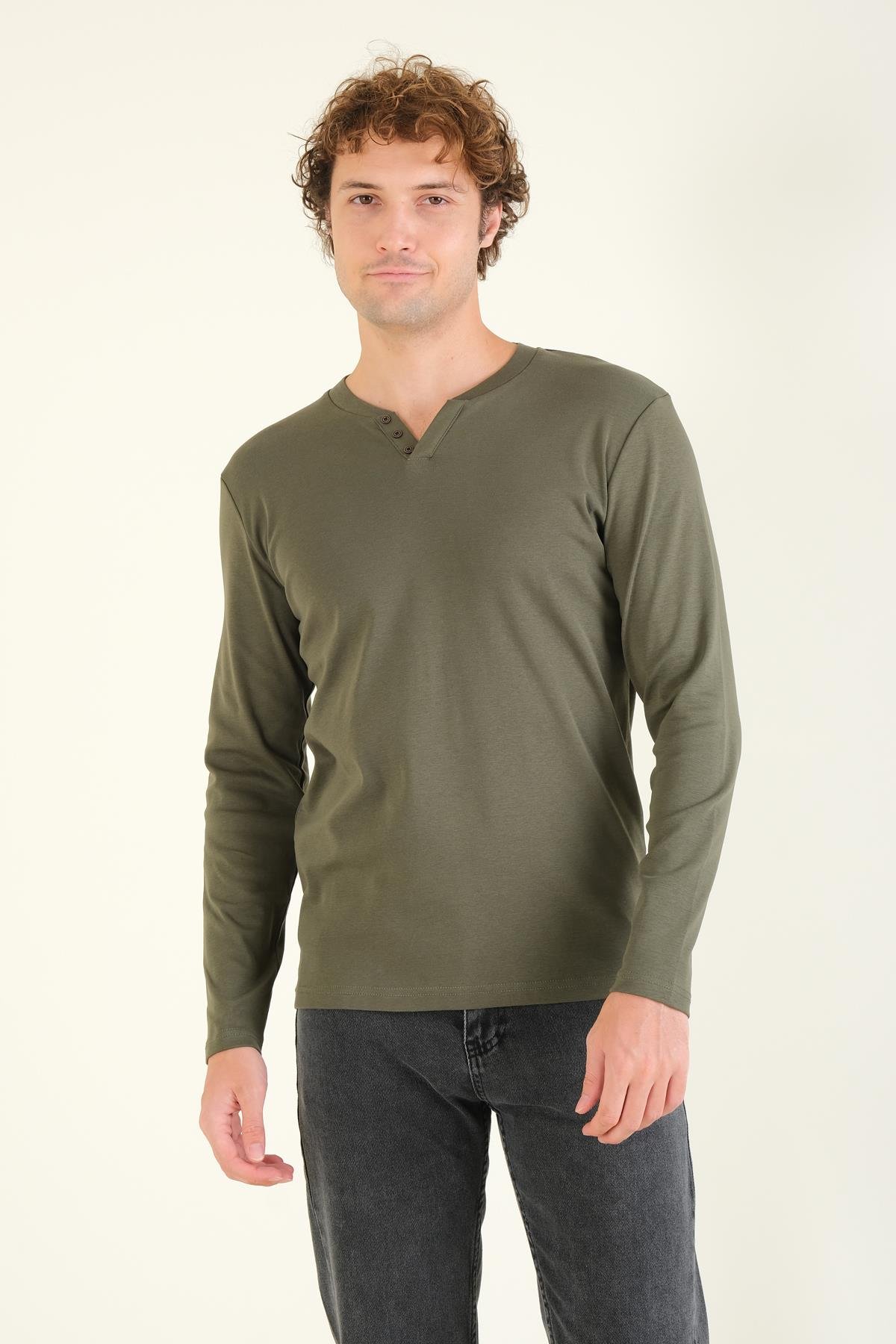 Erkek Sıfır Yaka Düğmeli Uzun Kol Sweatshirt Haki