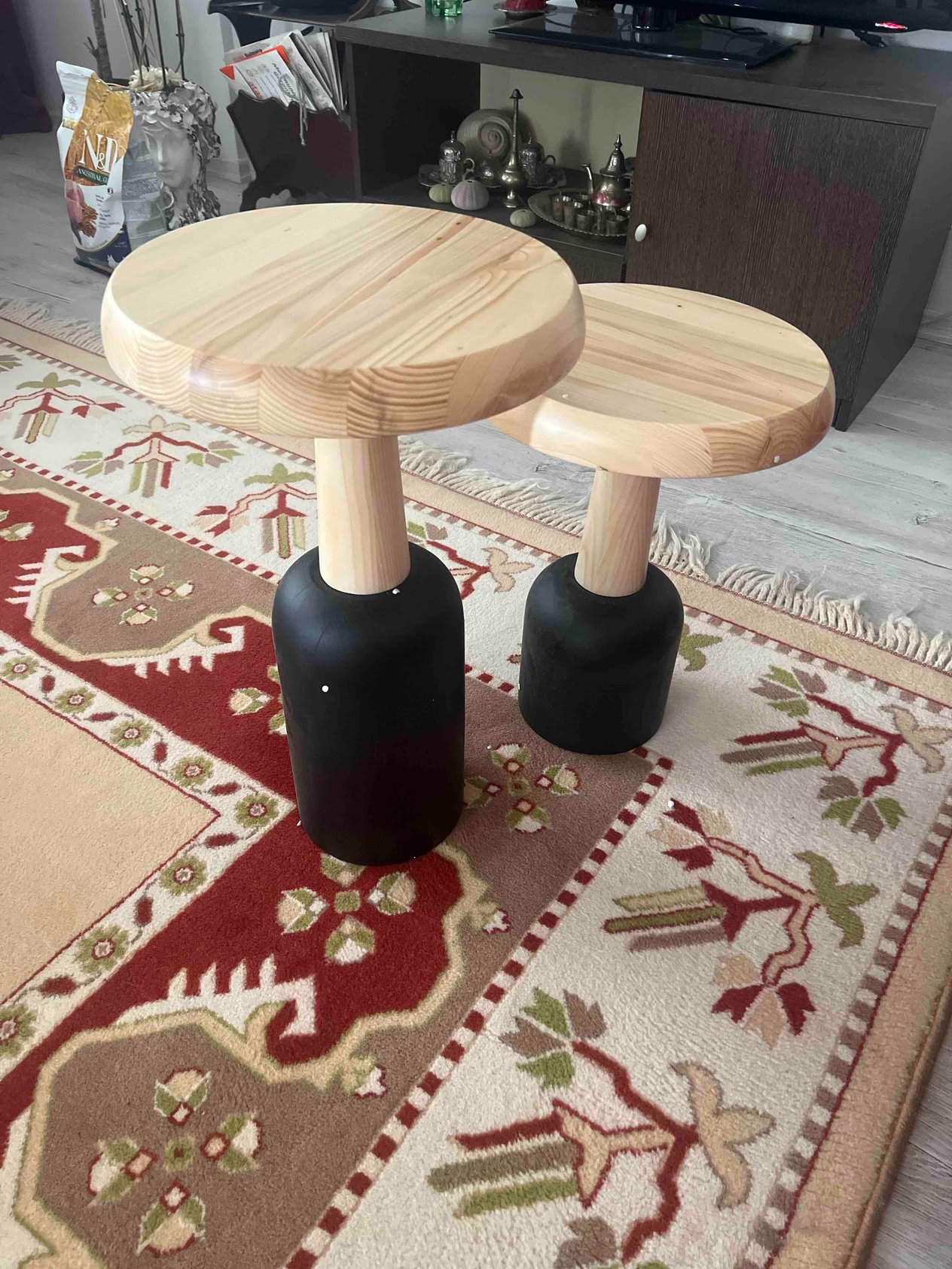 Ürgüp Mantar Sehpa Siyah & Naturel 3'lü Set