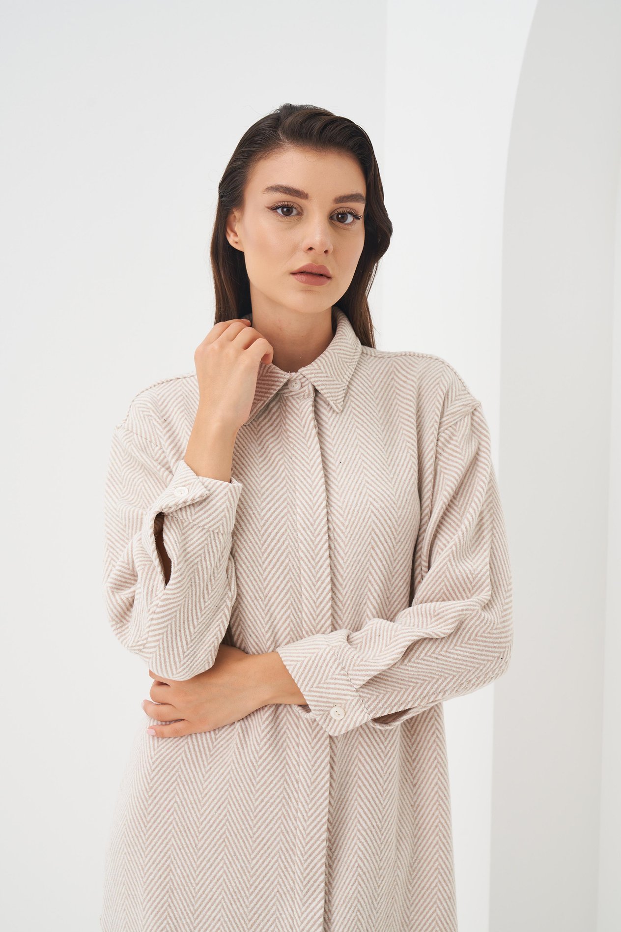 Herringbone Pattern Shirt Dress Ecru