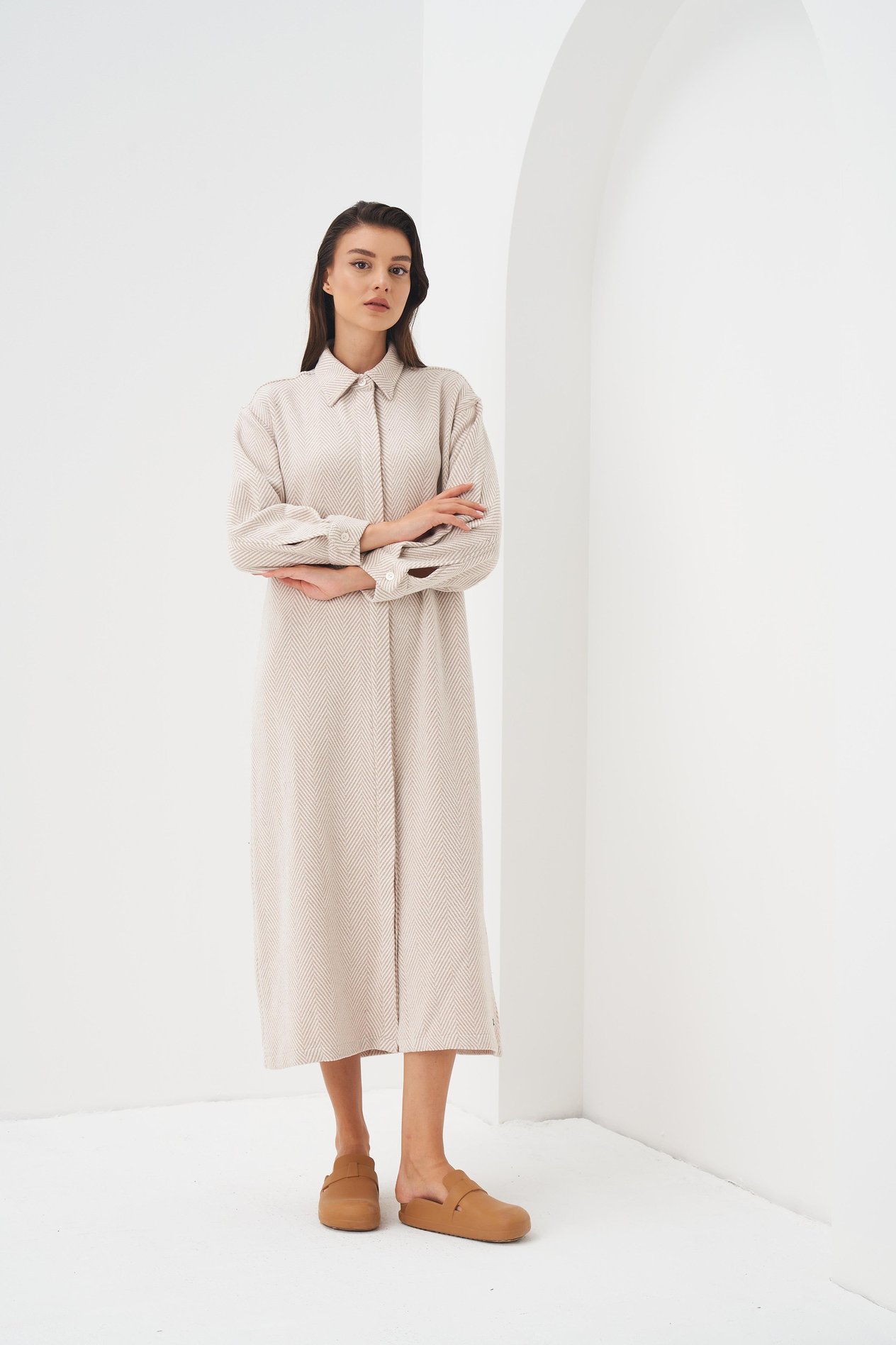 Herringbone Pattern Shirt Dress Ecru
