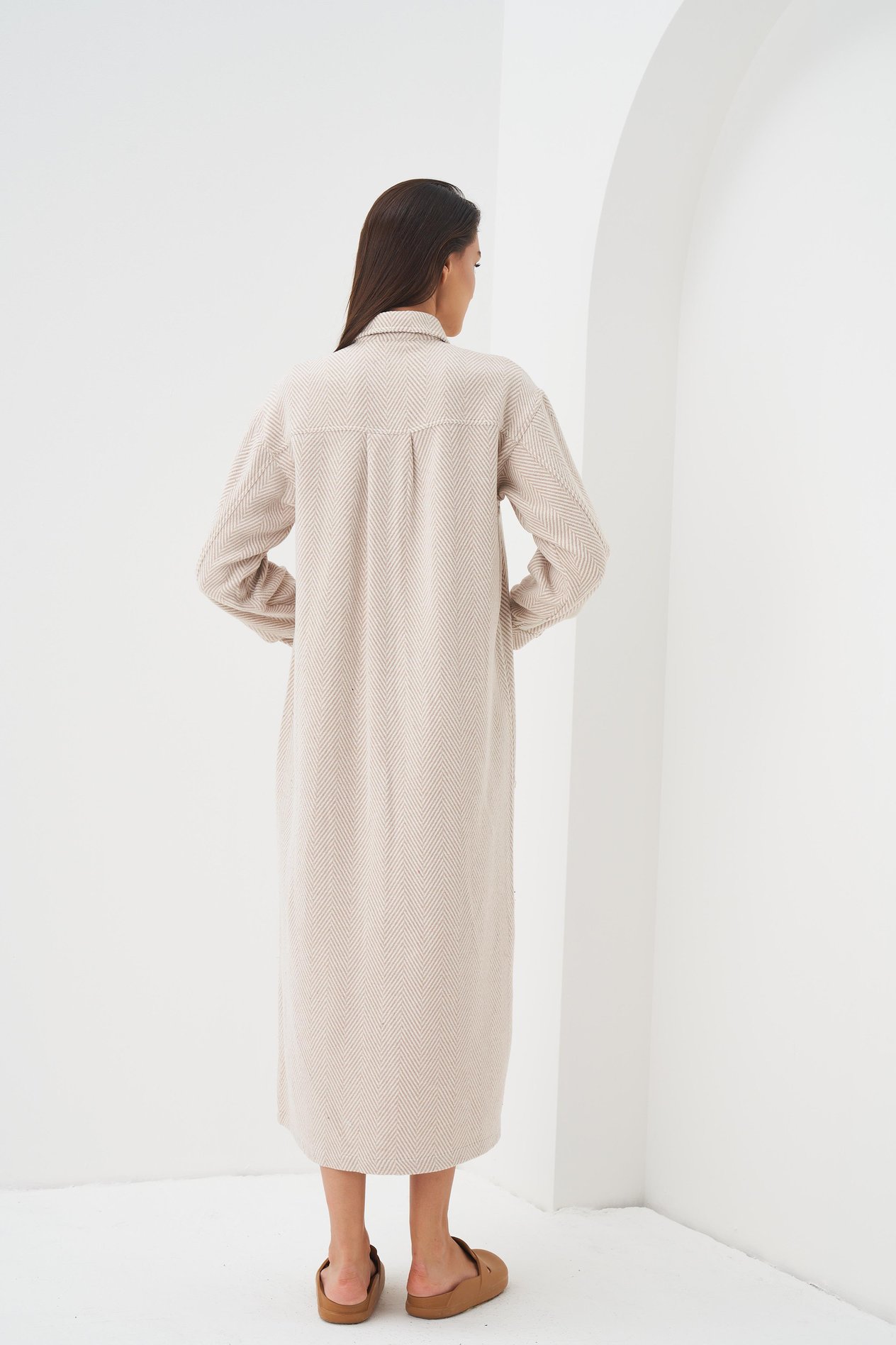 Herringbone Pattern Shirt Dress Ecru