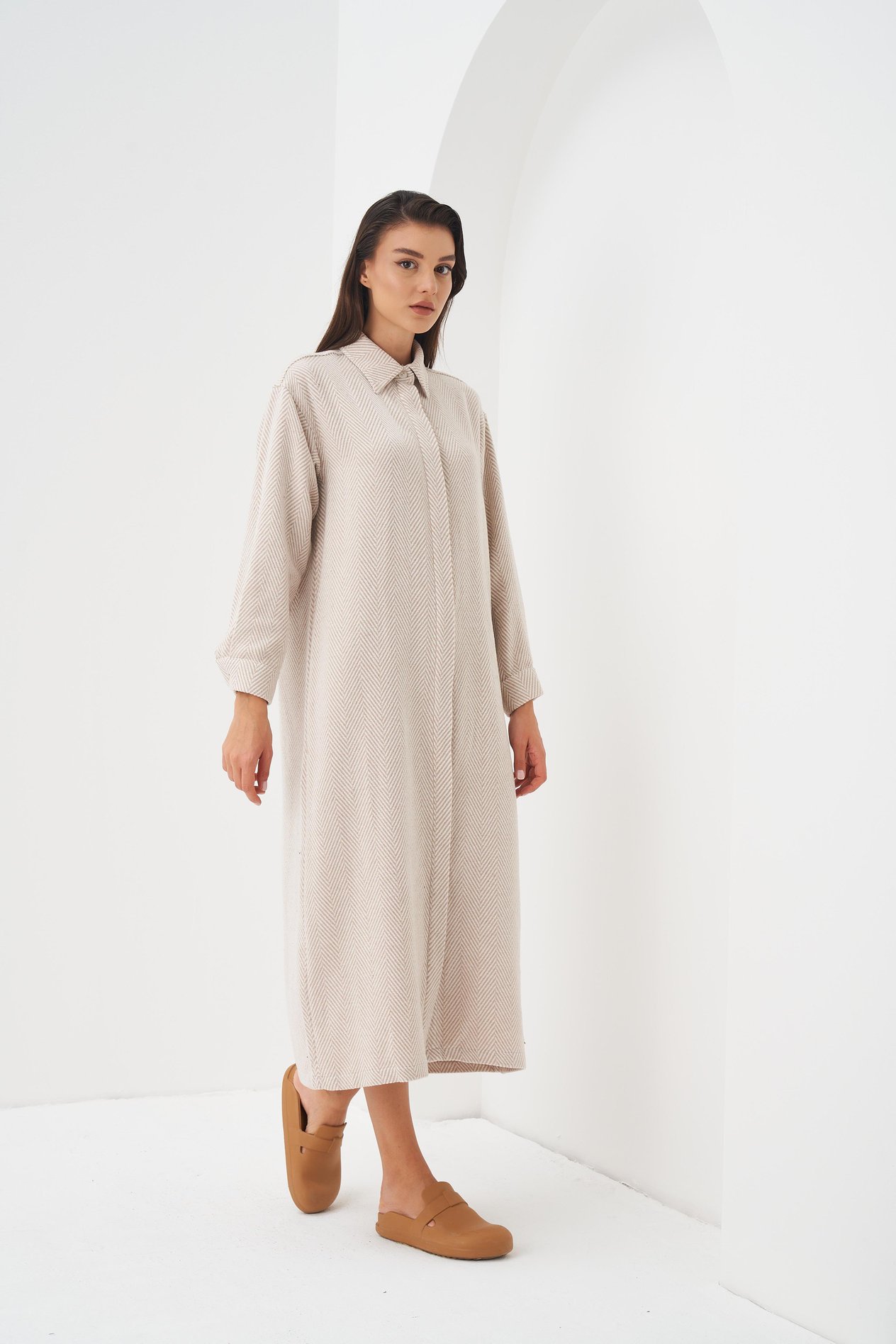 Herringbone Pattern Shirt Dress Ecru