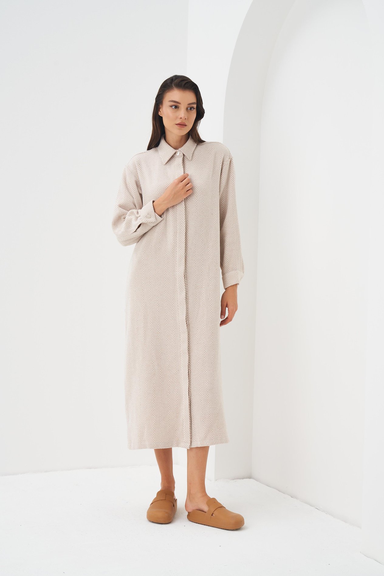 Herringbone Pattern Shirt Dress Ecru