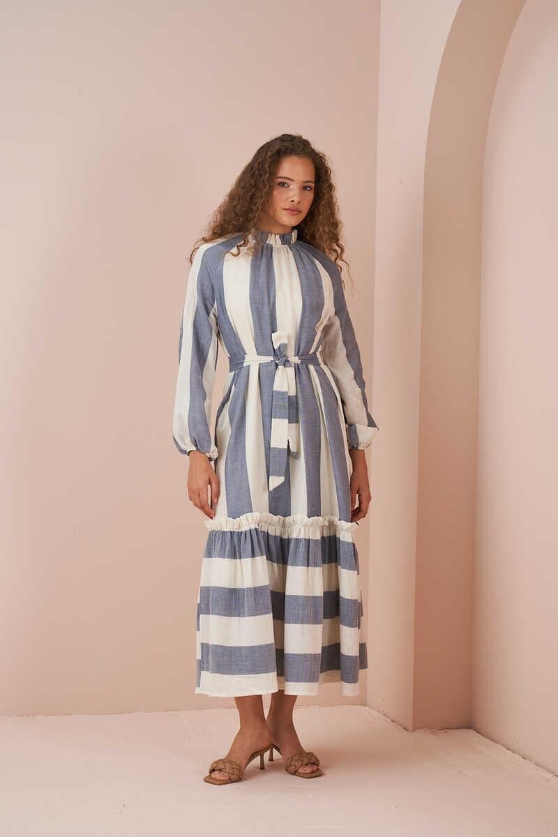 Skirt Frilly Thick Striped Muslin Dress Blue