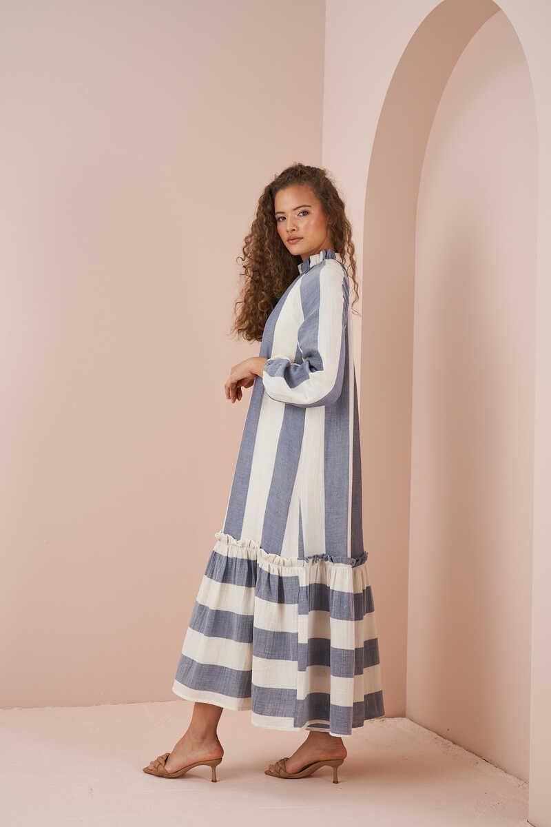 Skirt Frilly Thick Striped Muslin Dress Blue