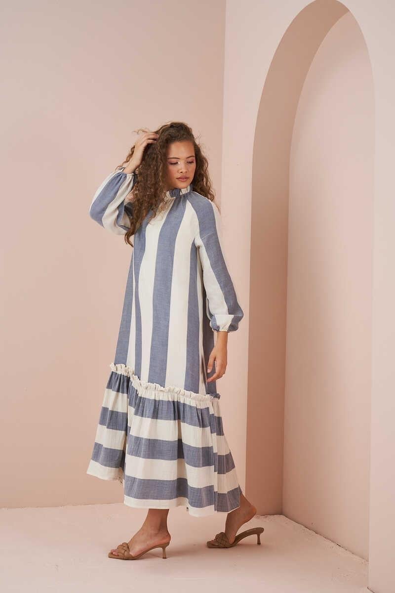Skirt Frilly Thick Striped Muslin Dress Blue