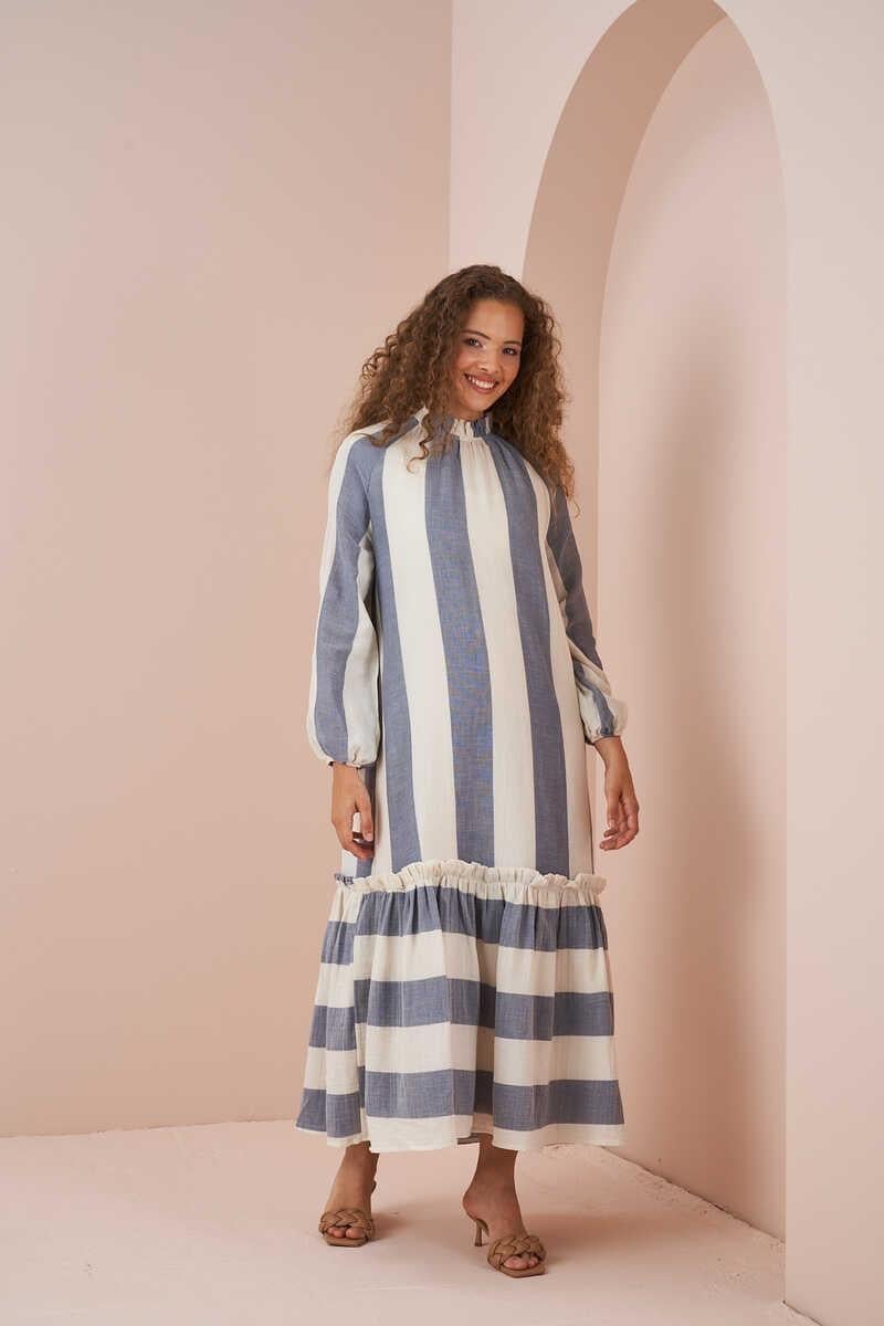 Skirt Frilly Thick Striped Muslin Dress Blue