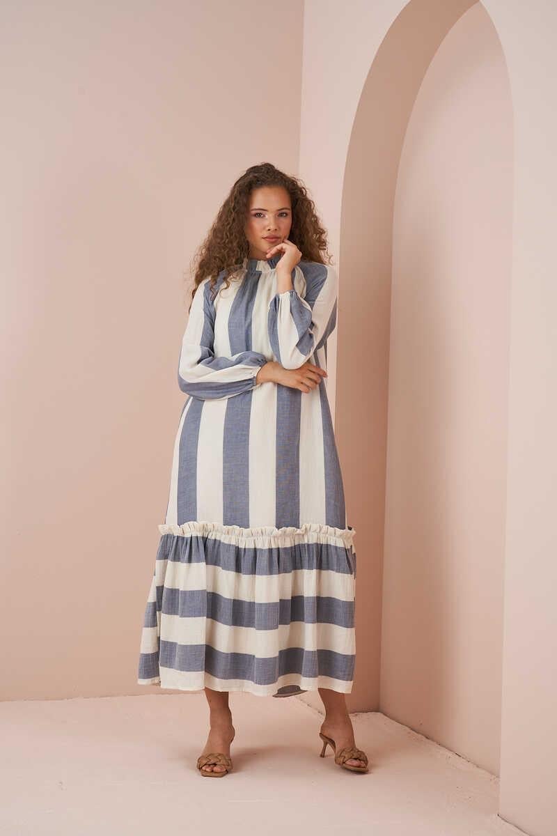 Skirt Frilly Thick Striped Muslin Dress Blue