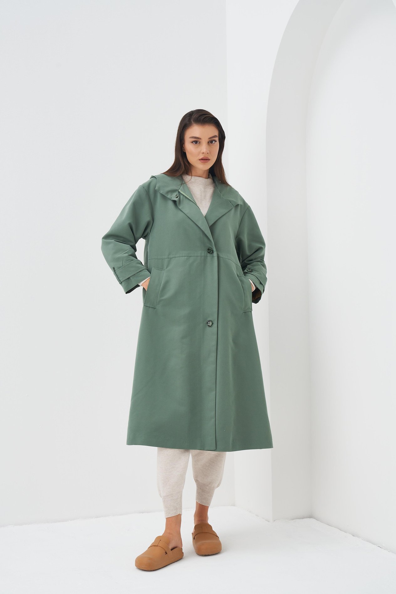 Kapüşonlu Astarlı Trenchcoat Yeşil
