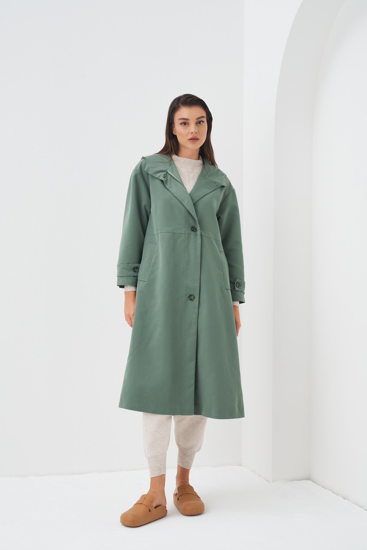 Kapüşonlu Astarlı Trenchcoat Yeşil