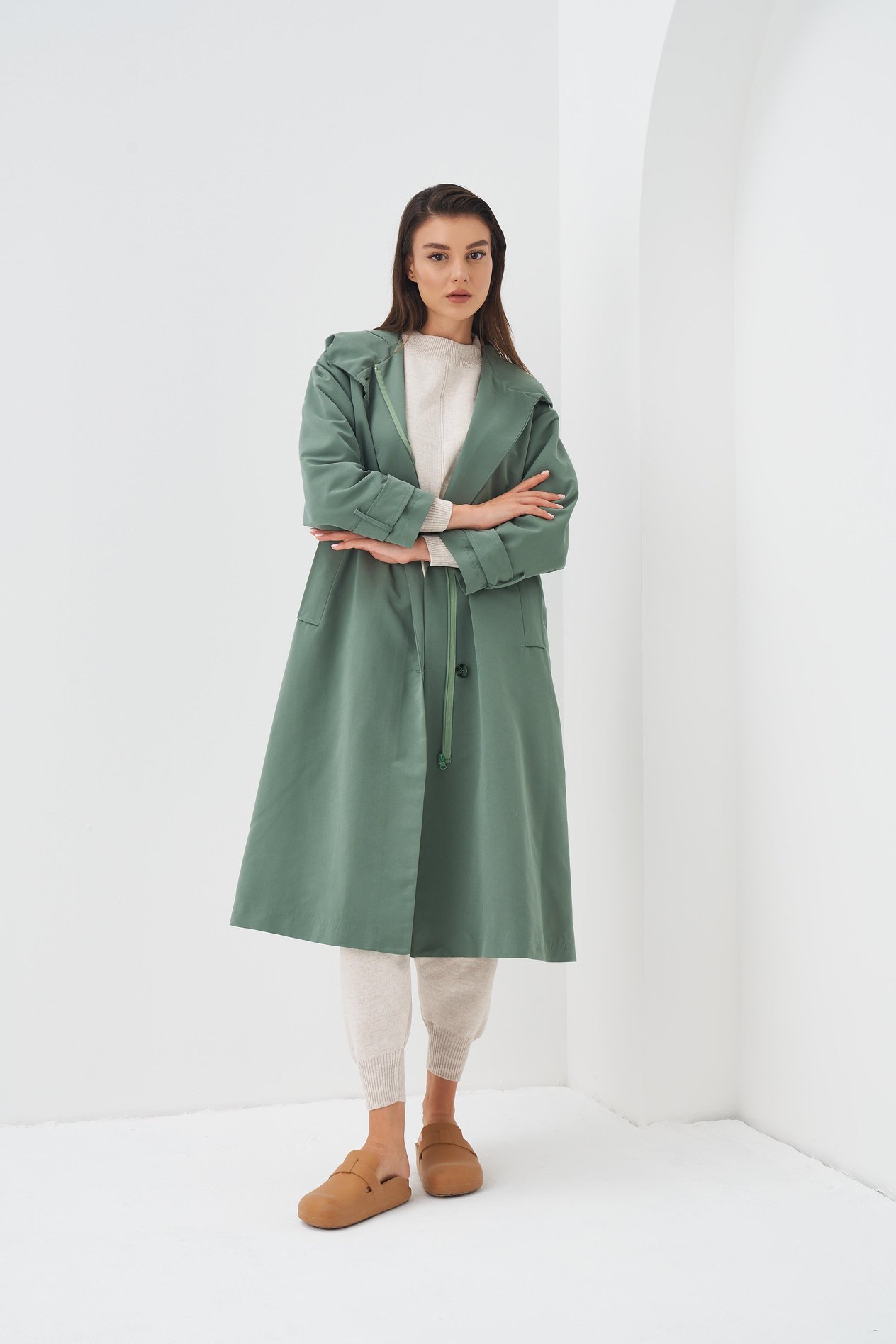 Kapüşonlu Astarlı Trenchcoat Yeşil