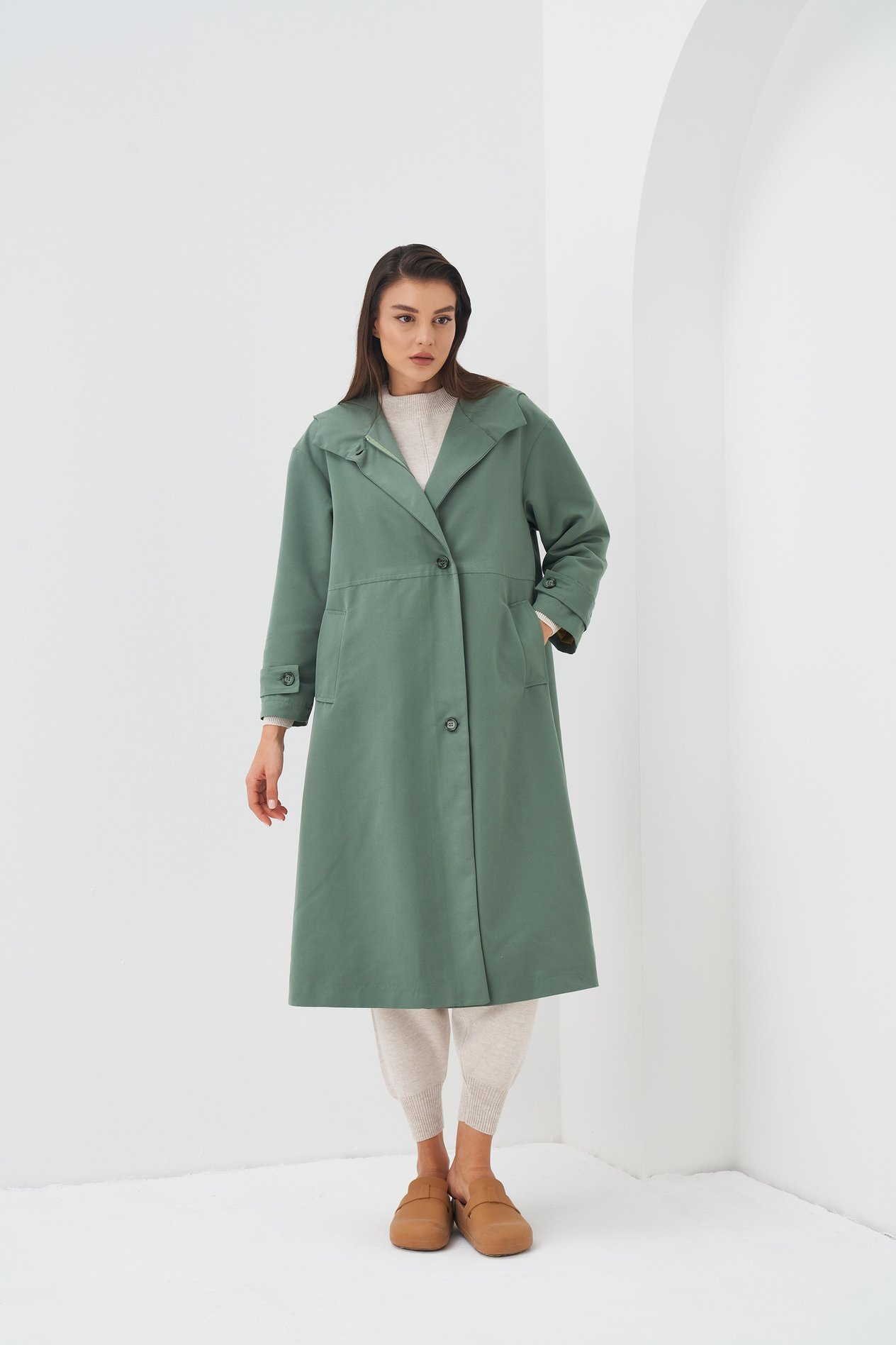 Kapüşonlu Astarlı Trenchcoat Yeşil