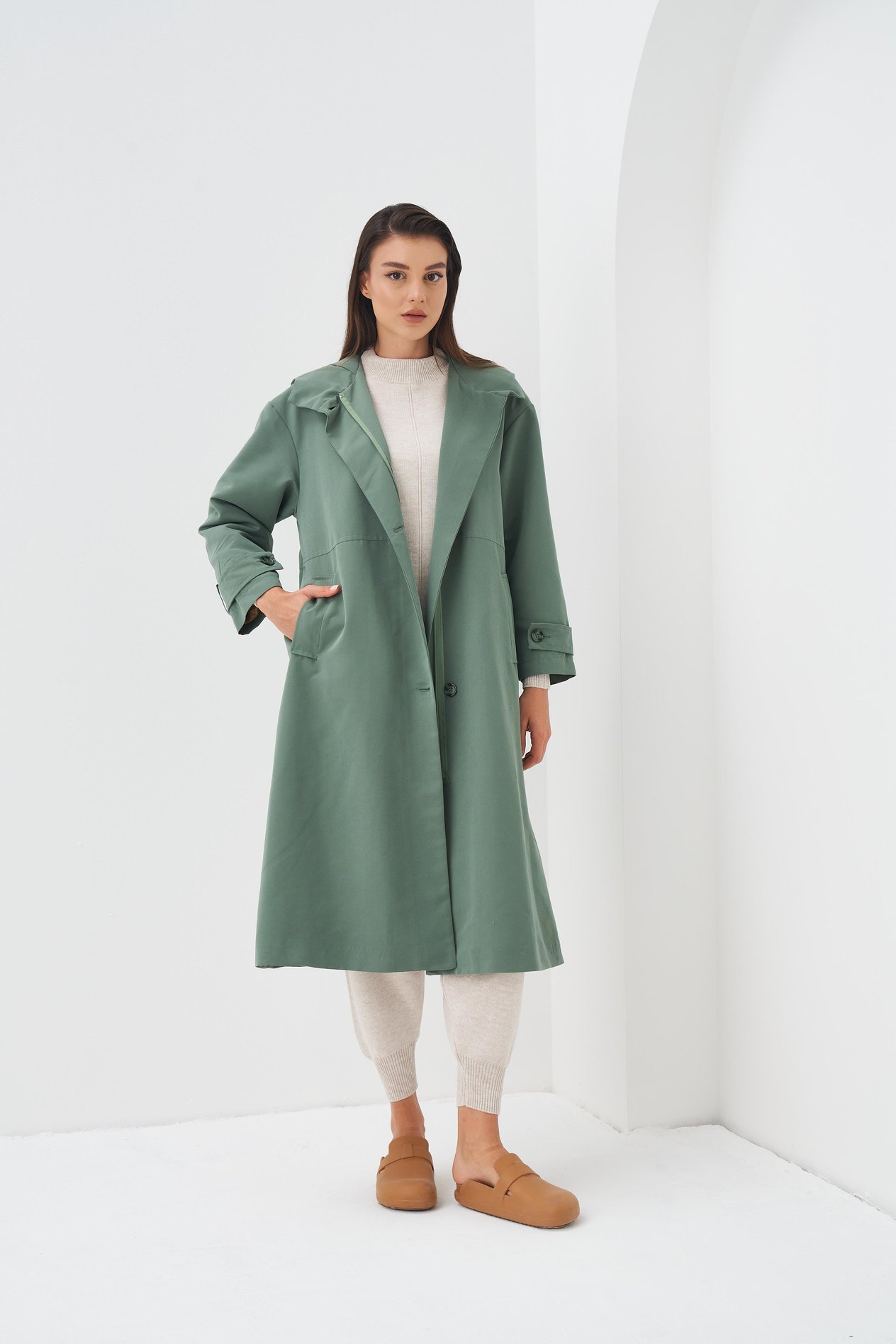 Kapüşonlu Astarlı Trenchcoat Yeşil