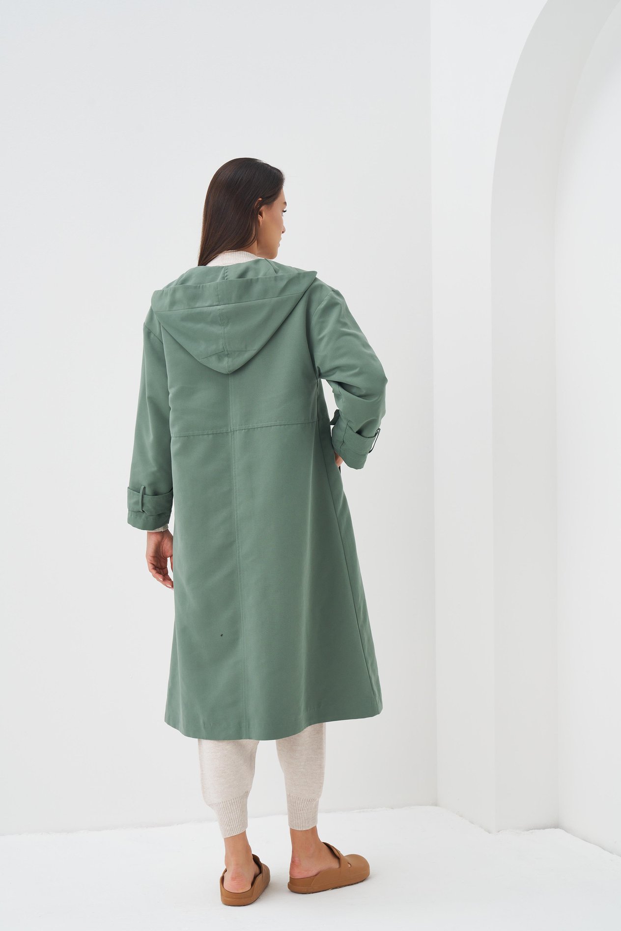 Kapüşonlu Astarlı Trenchcoat Yeşil