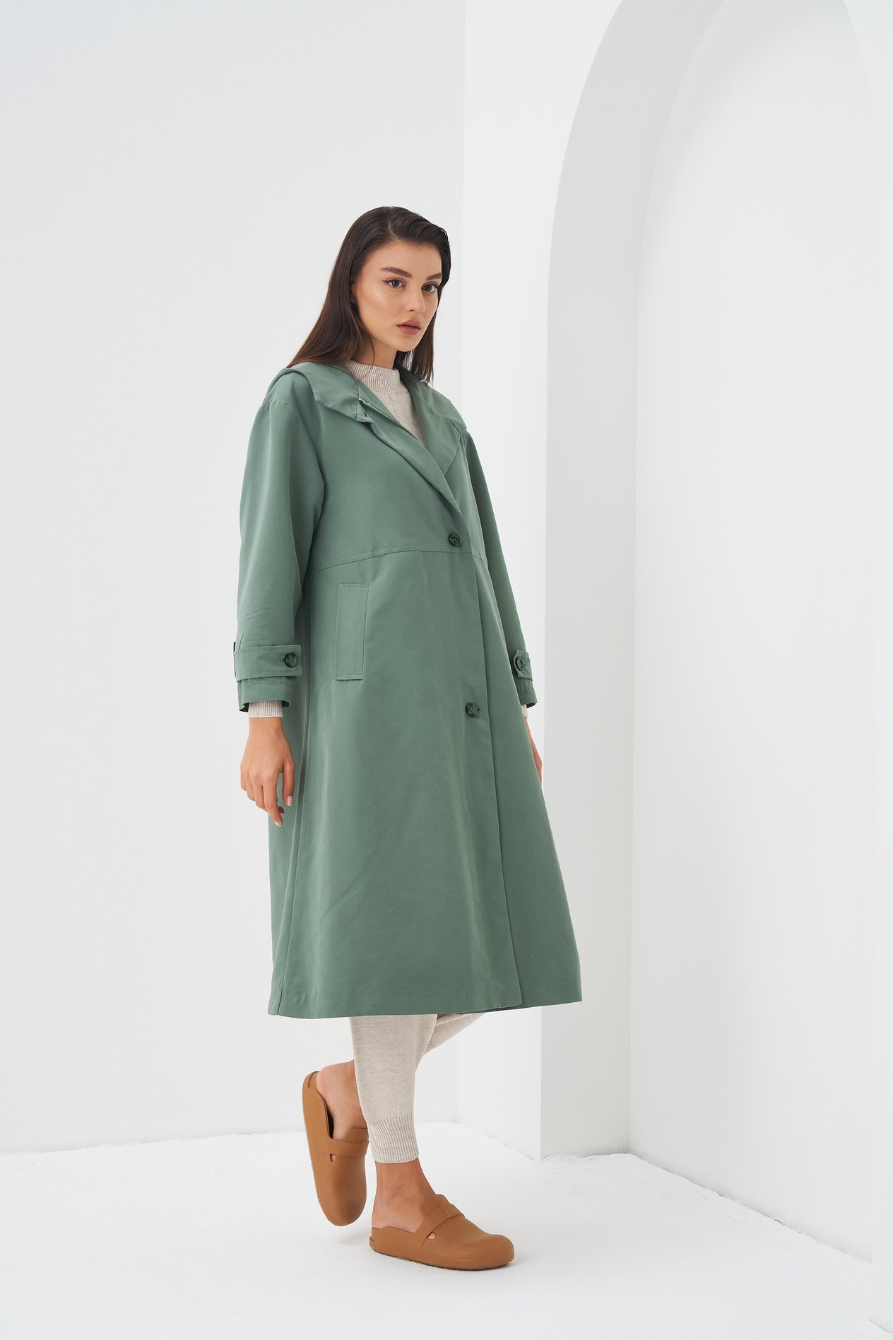 Kapüşonlu Astarlı Trenchcoat Yeşil