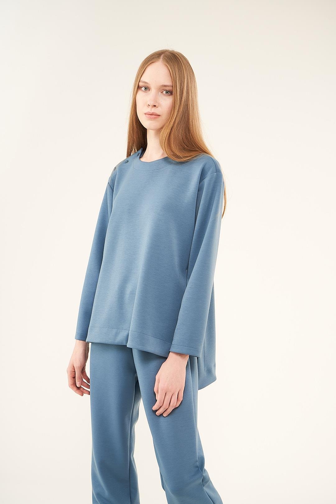 Omzu Düğmeli Sweatshirt  İndigo