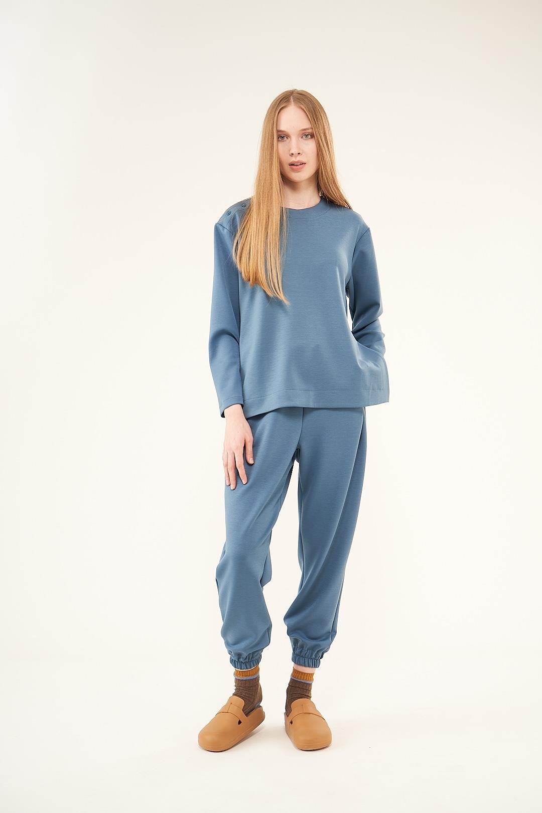 Omzu Düğmeli Sweatshirt  İndigo