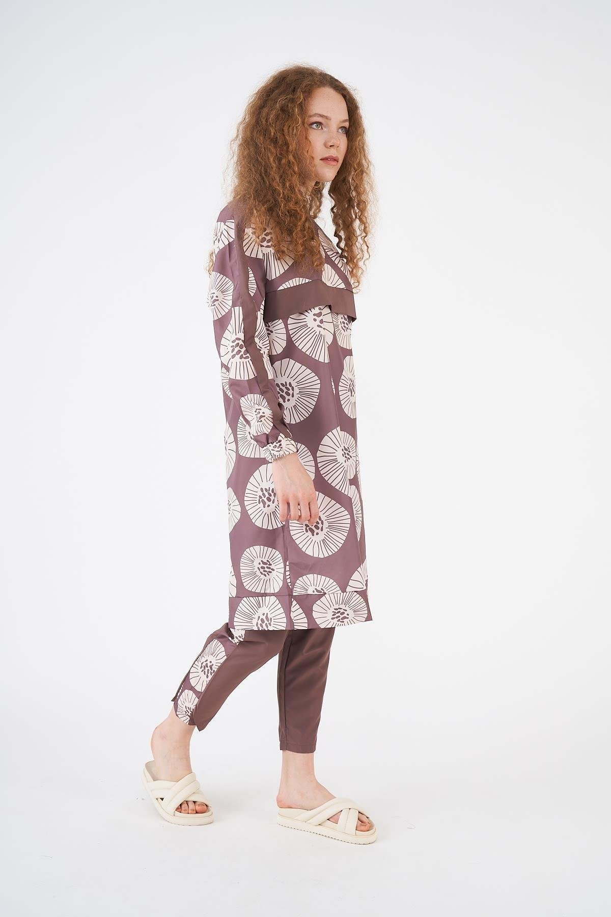 Pervane Pattern Covered Swimsuit Brownrengi Long