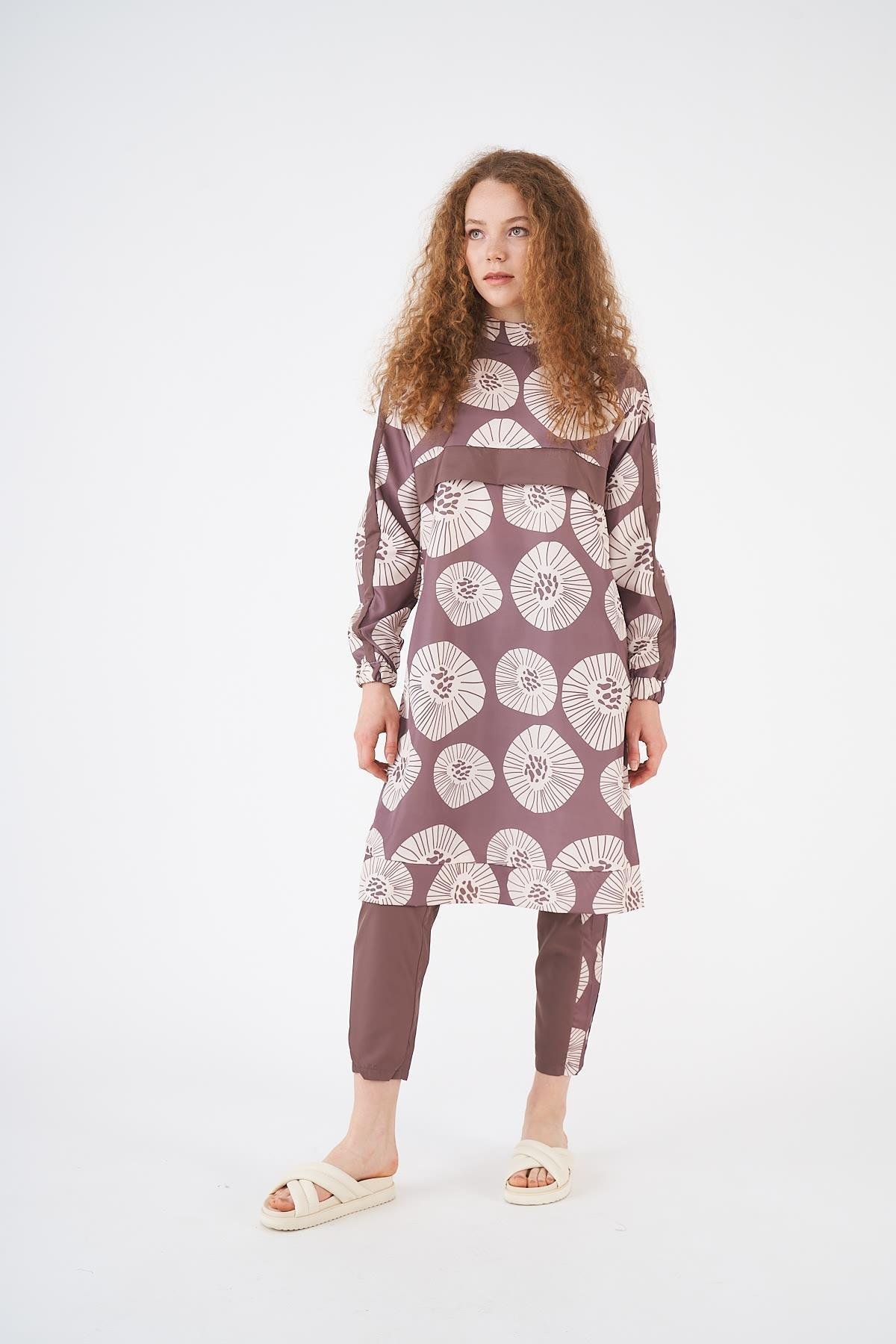 Pervane Pattern Covered Swimsuit Brownrengi Long