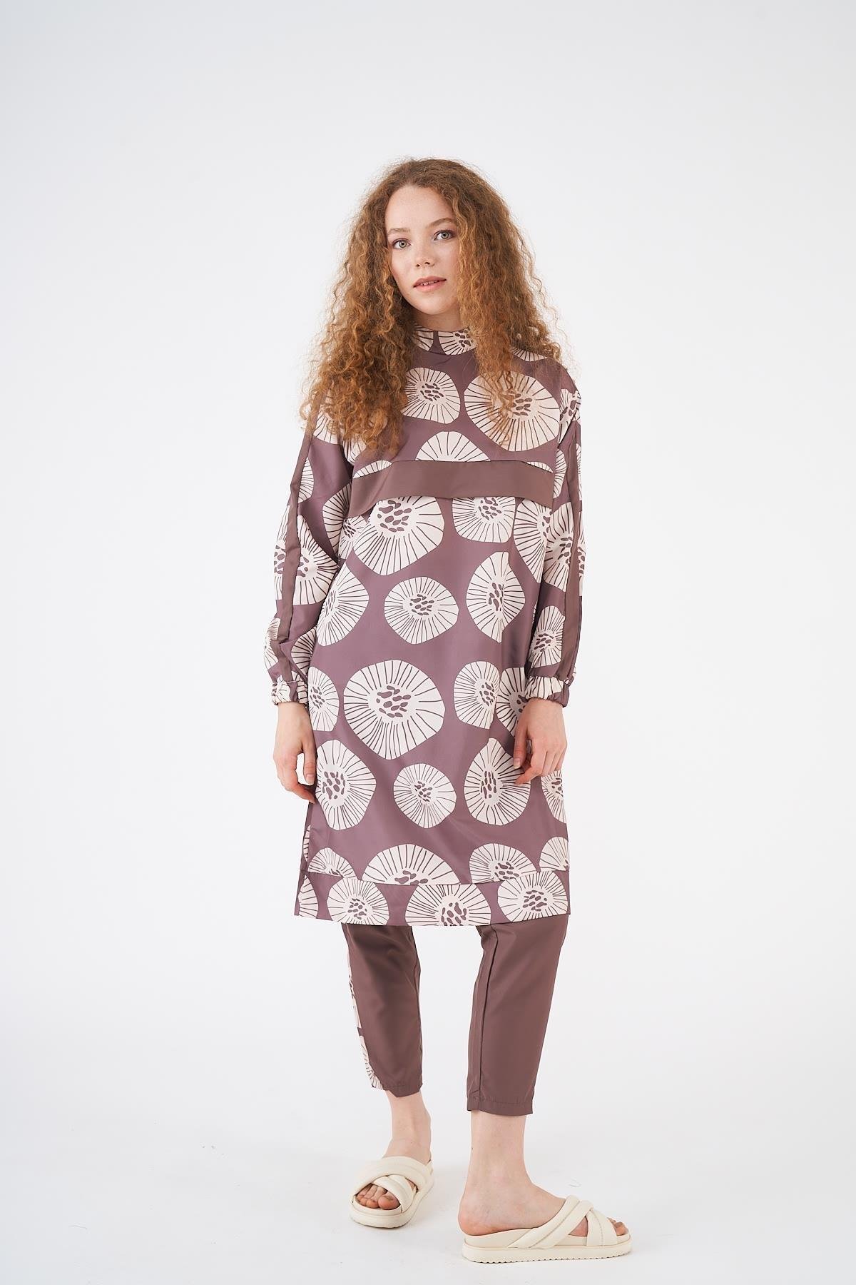 Pervane Pattern Covered Swimsuit Brownrengi Long