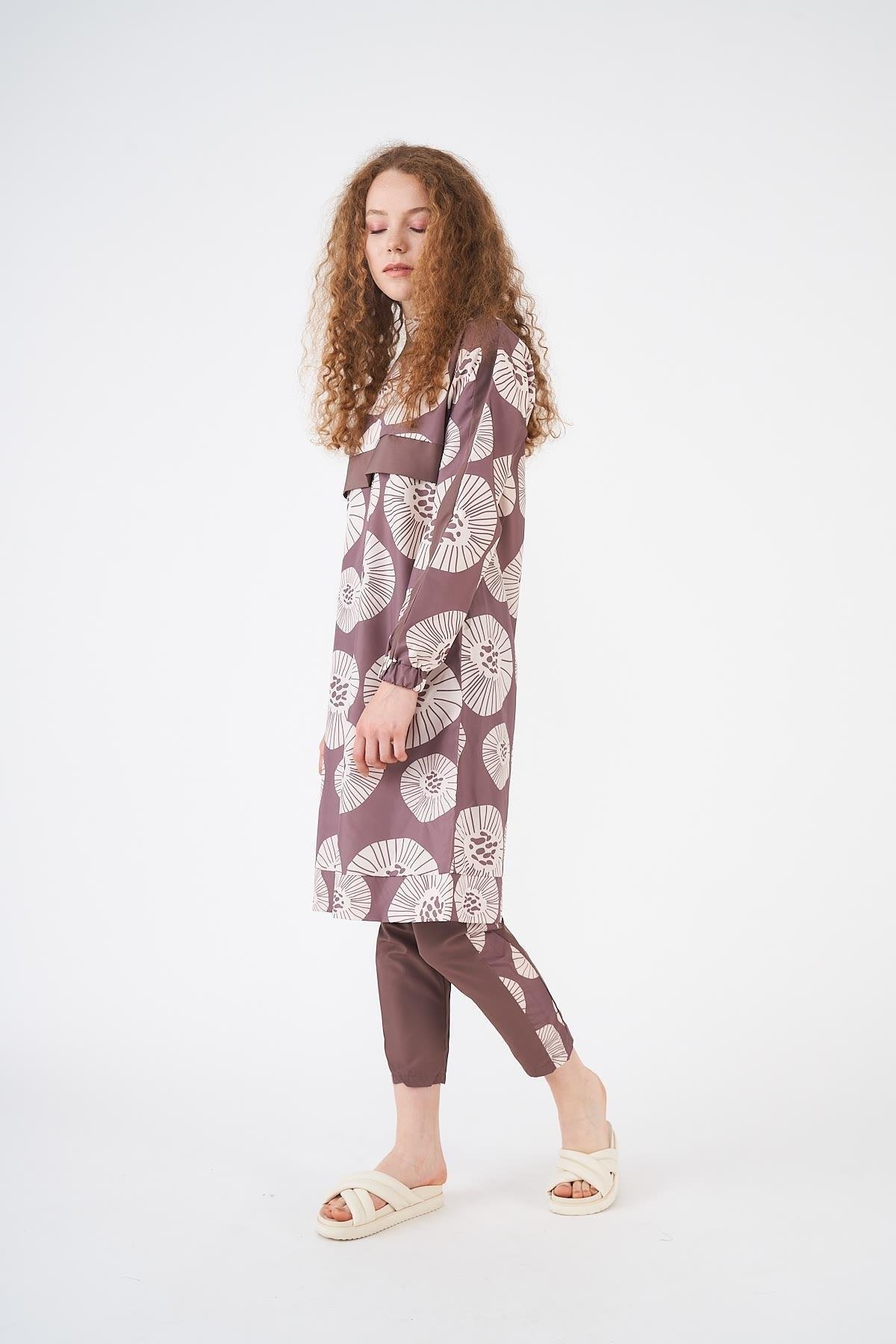 Pervane Pattern Covered Swimsuit Brownrengi Long