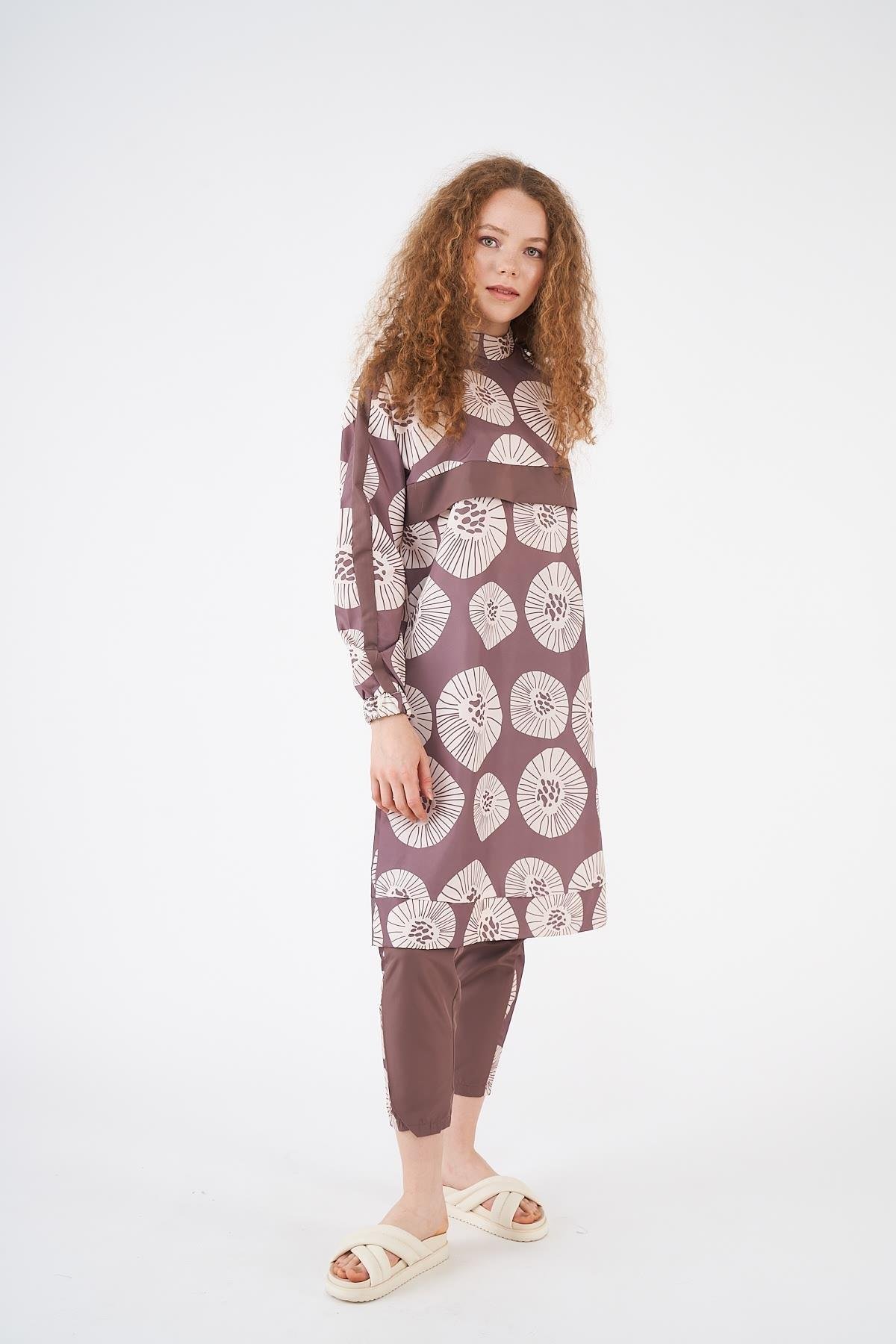Pervane Pattern Covered Swimsuit Brownrengi Long