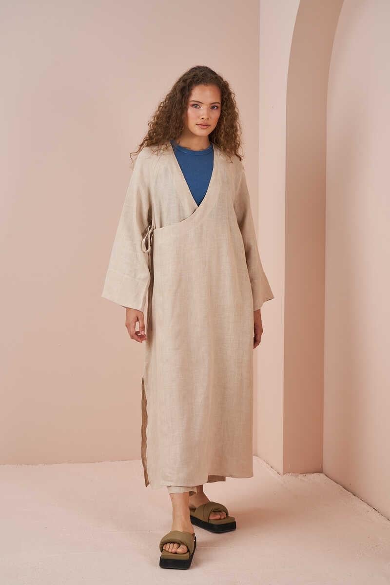 Long Kimono Linen Jacket Stone