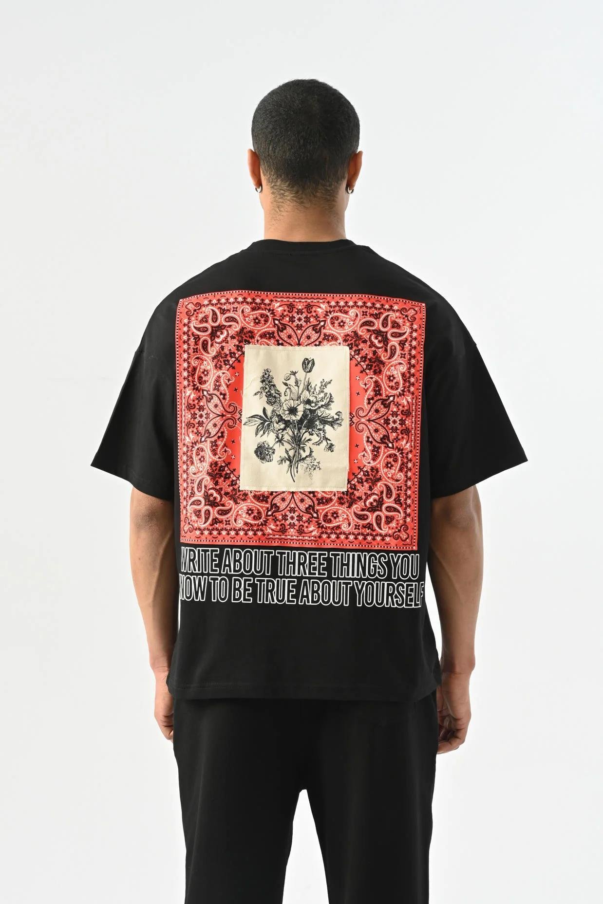 Etnik Keten Baskı Detaylı Oversize T-shirt Siyah