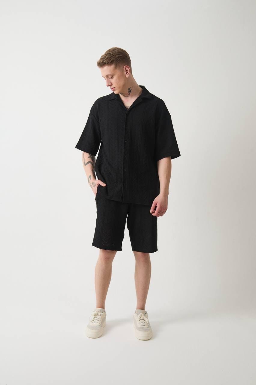 Örgü Oversize Gömlek Şort Takım Siyah