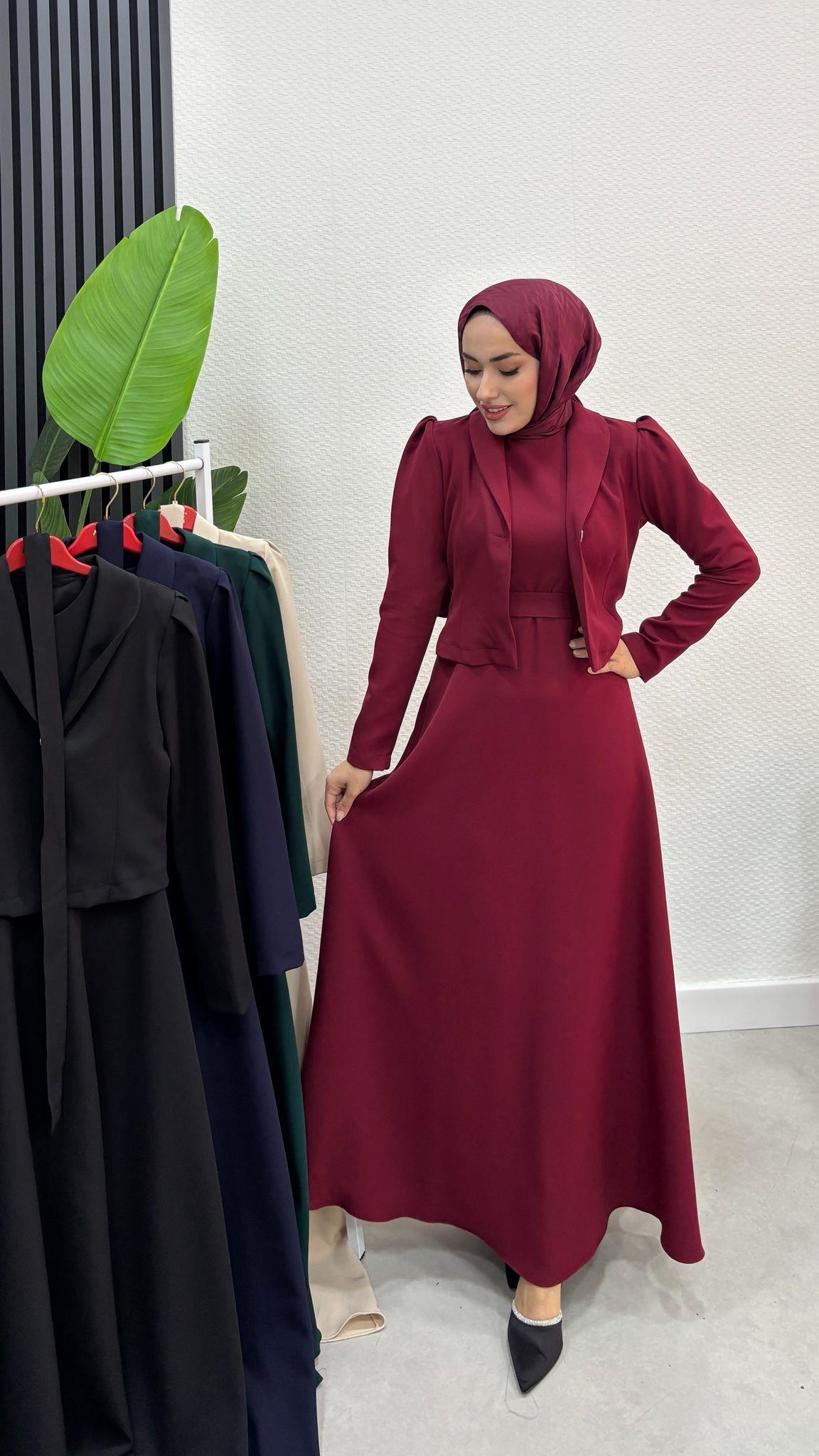 Jileli ceketli kemerli takım bordo