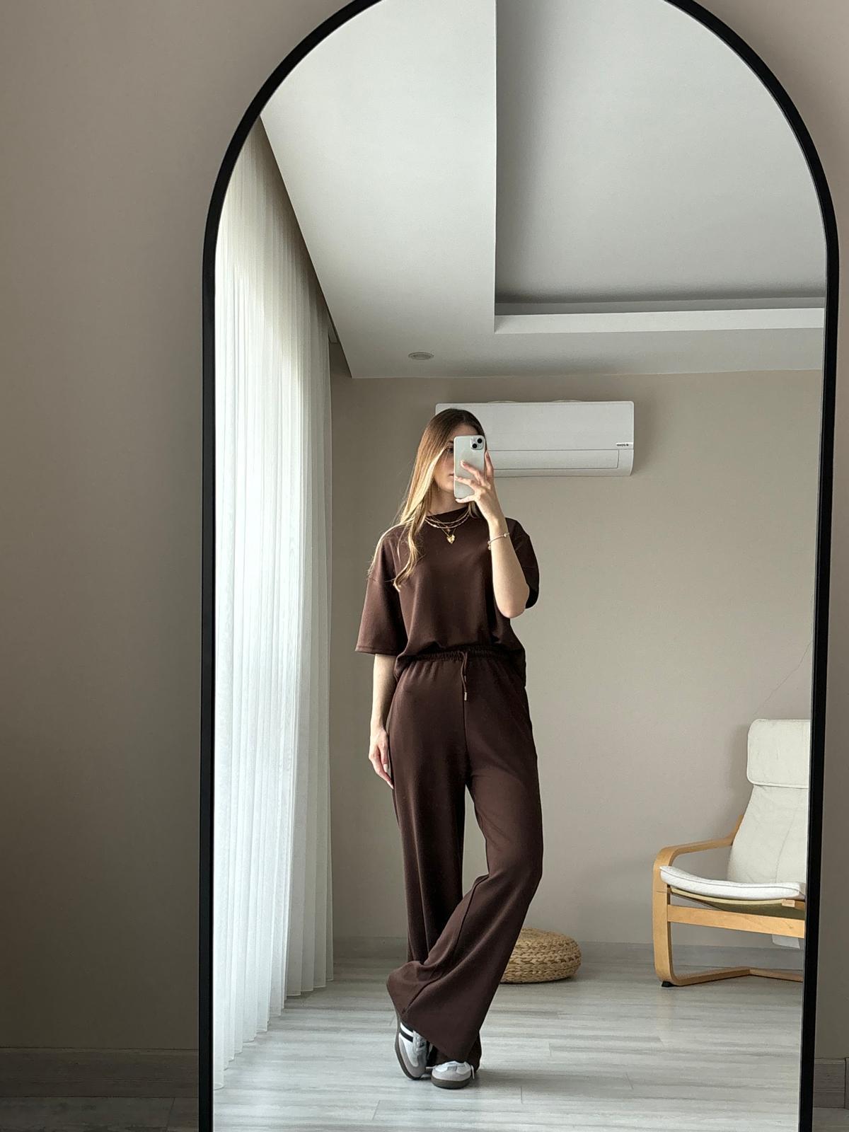 Kahve Modal Kumaş Kısa Kollu İkili Takım