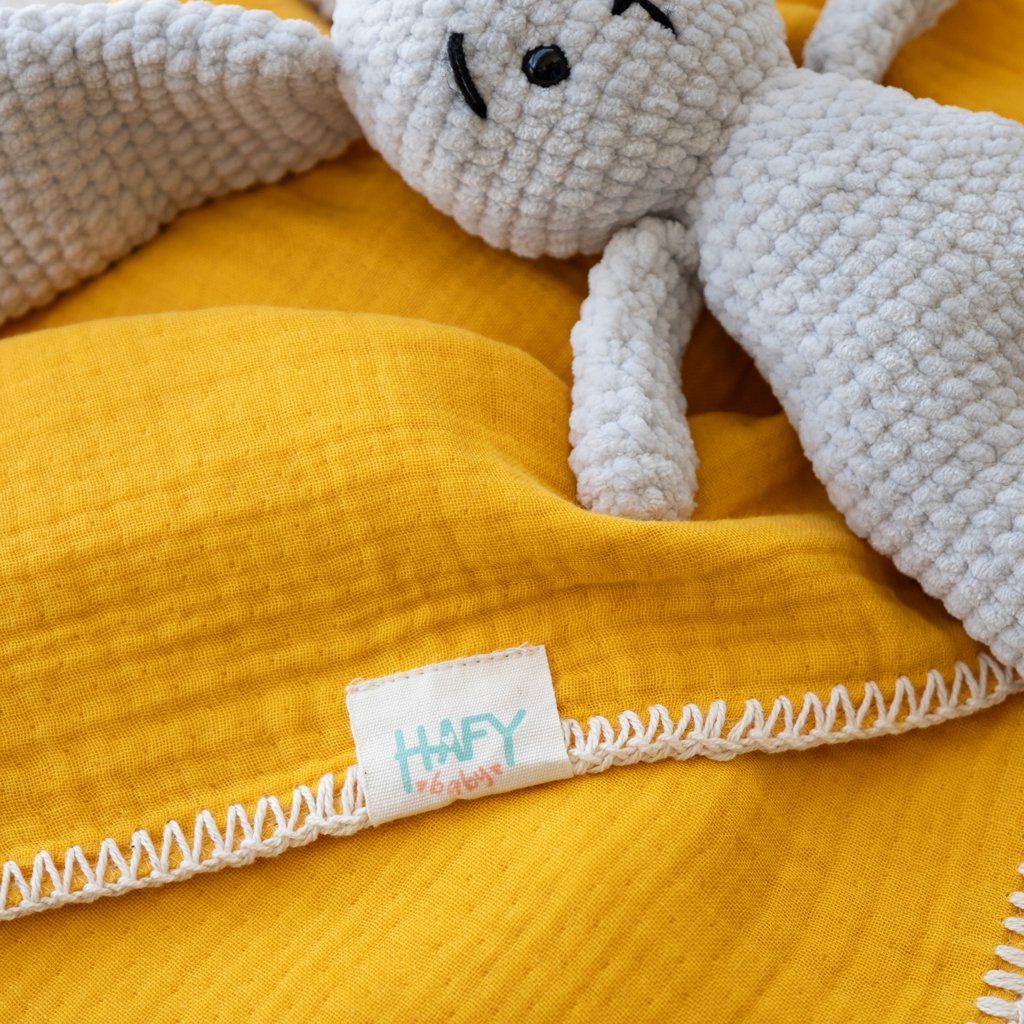 Hafy Baby %100 Organik Pamuklu Sarı Çoban Dikiş Detaylı 4 Katlı Müslin Battaniye