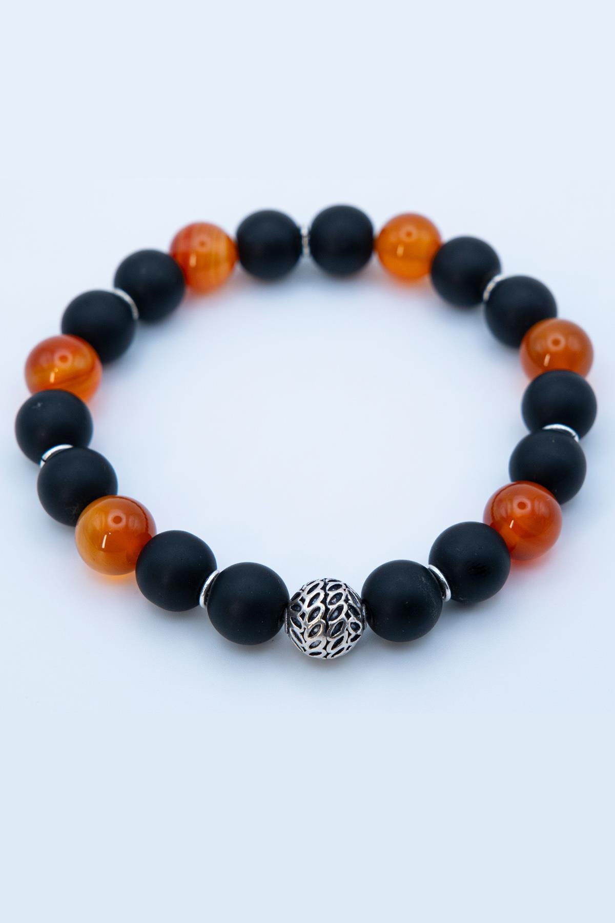 Neo Blanco 925 Ayar Gümüş Turuncu Siyah Bileklik, Carnelian Akik ve Mat Onix Doğal Taşlı Erkek Bileklik