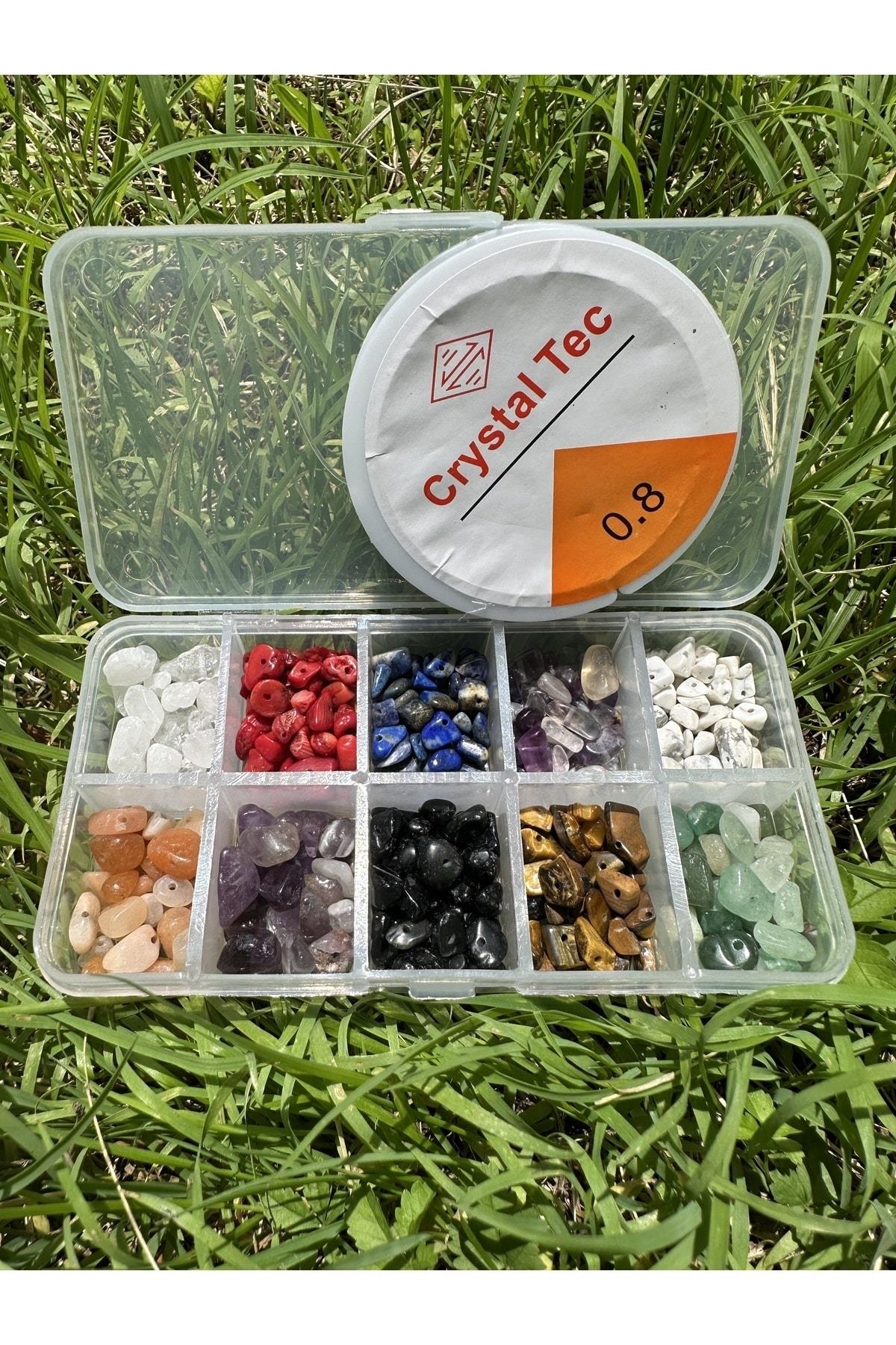 10'lu Mini Kutuda 10 Çeşit Kırık Doğal Taş Kutulu Set Bileklik Kolye Küpe Kolye Ucu Yapımı